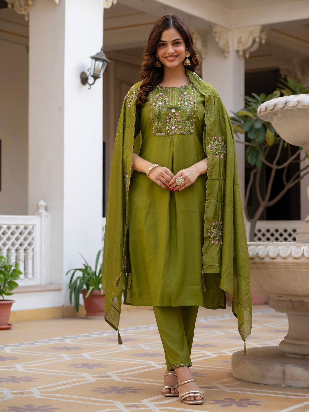 Vedant Vastram Viscose Silk Hand Work & Embroidery Work Stitched Salwar Suit Set-Mehandi - Distacart