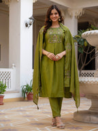 Vedant Vastram Viscose Silk Hand Work & Embroidery Work Stitched Salwar Suit Set-Mehandi - Distacart