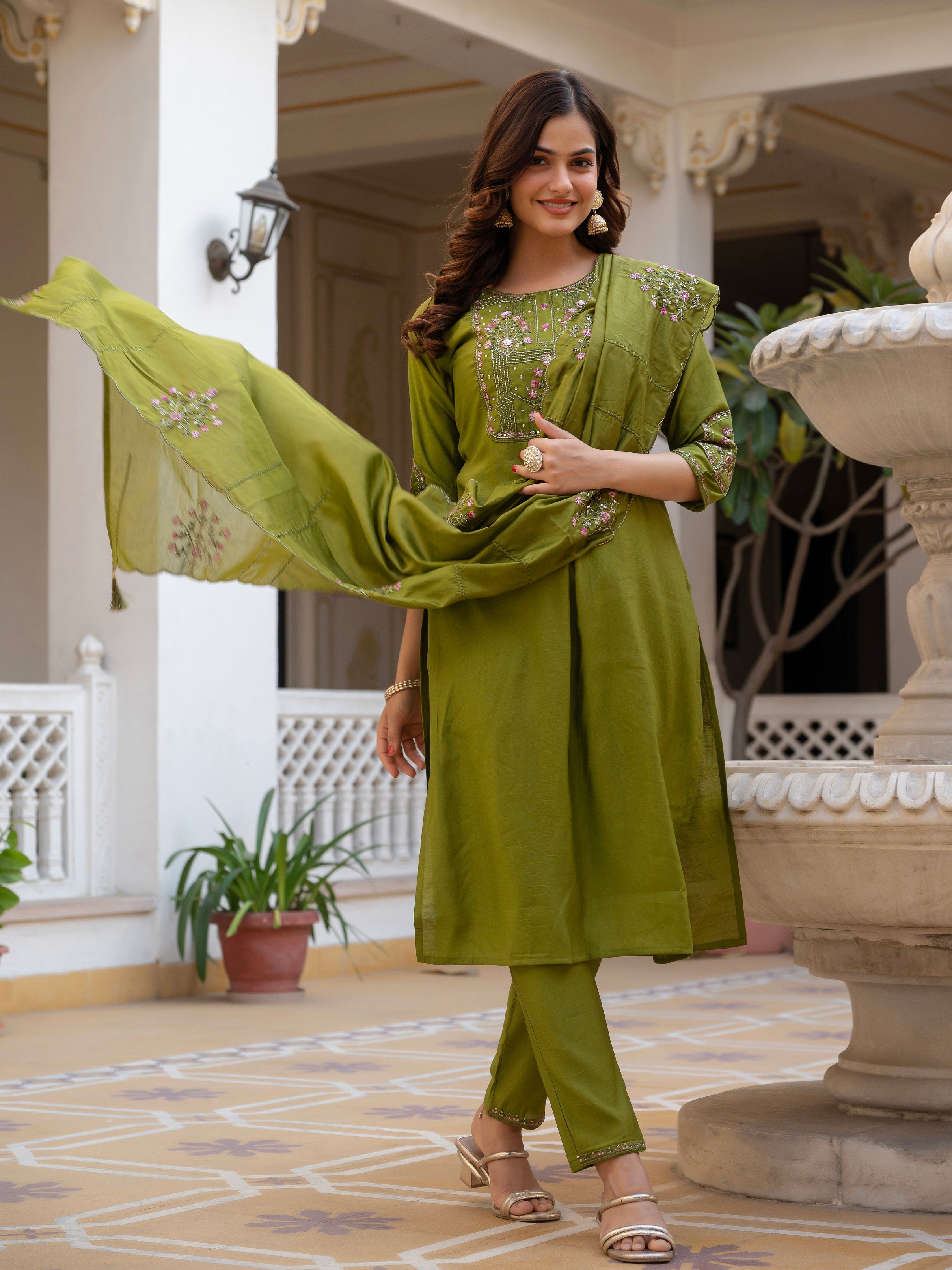 Vedant Vastram Viscose Silk Hand Work & Embroidery Work Stitched Salwar Suit Set-Mehandi - Distacart