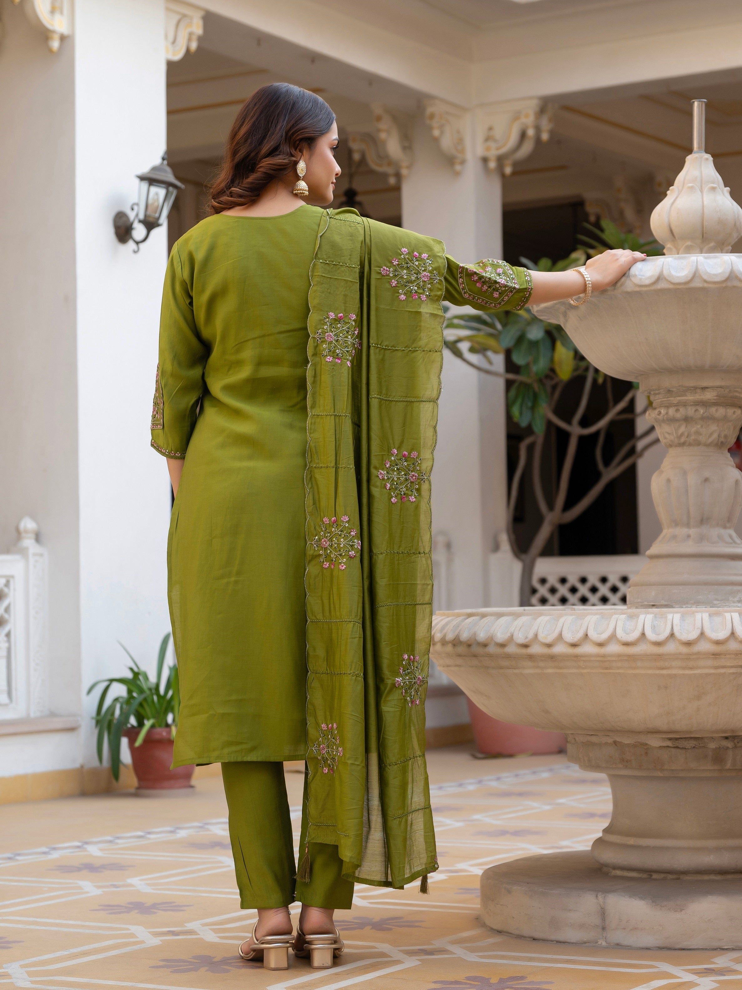 Vedant Vastram Viscose Silk Hand Work & Embroidery Work Stitched Salwar Suit Set-Mehandi - Distacart