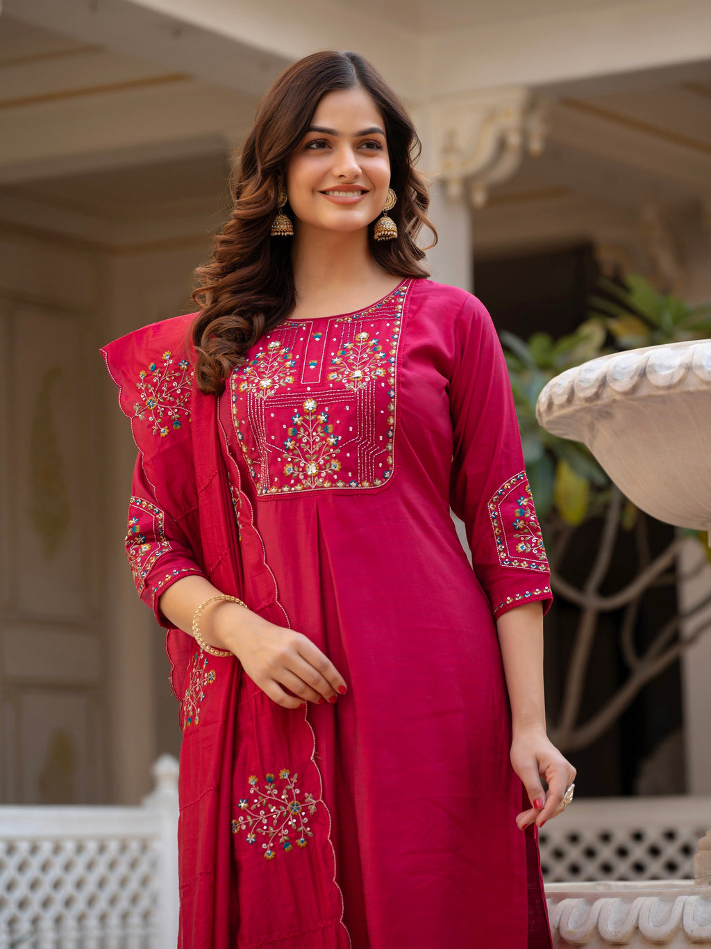 Vedant Vastram Viscose Silk Hand Work & Embroidery Work Stitched Salwar Suit Set-Pink - Distacart