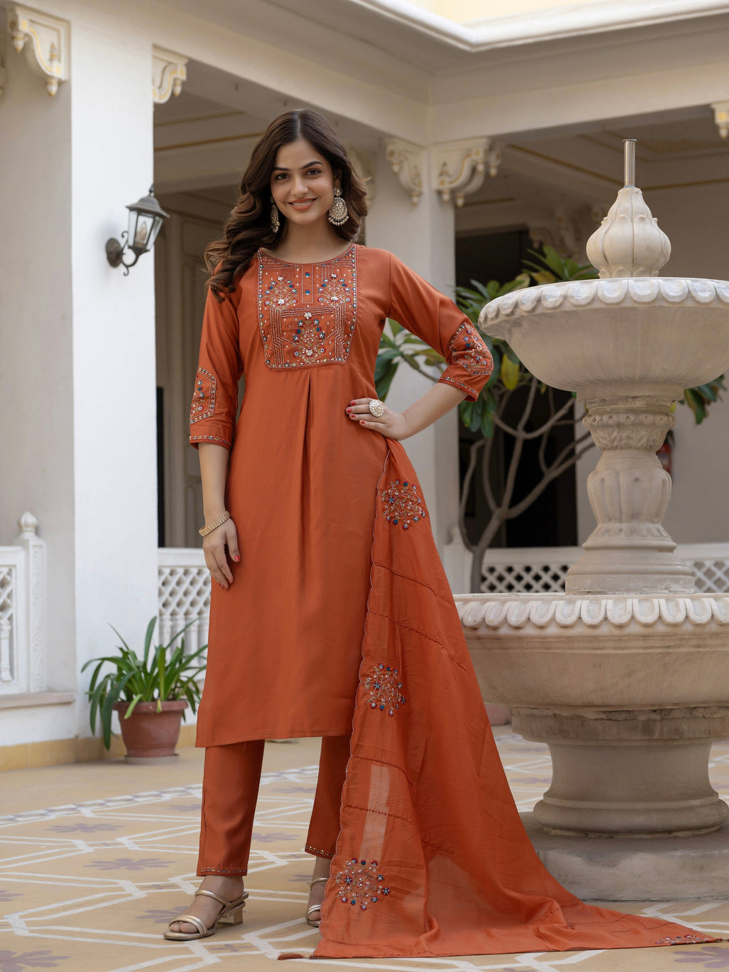 Vedant Vastram Viscose Silk Hand Work & Embroidery Work Stitched Salwar Suit Set-Rust - Distacart