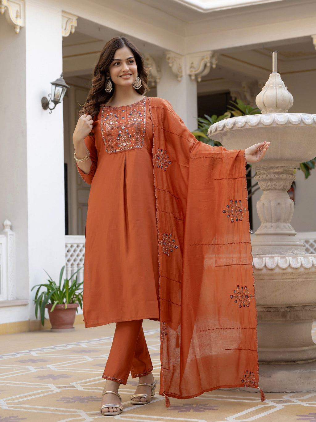 Vedant Vastram Viscose Silk Hand Work & Embroidery Work Stitched Salwar Suit Set-Rust - Distacart