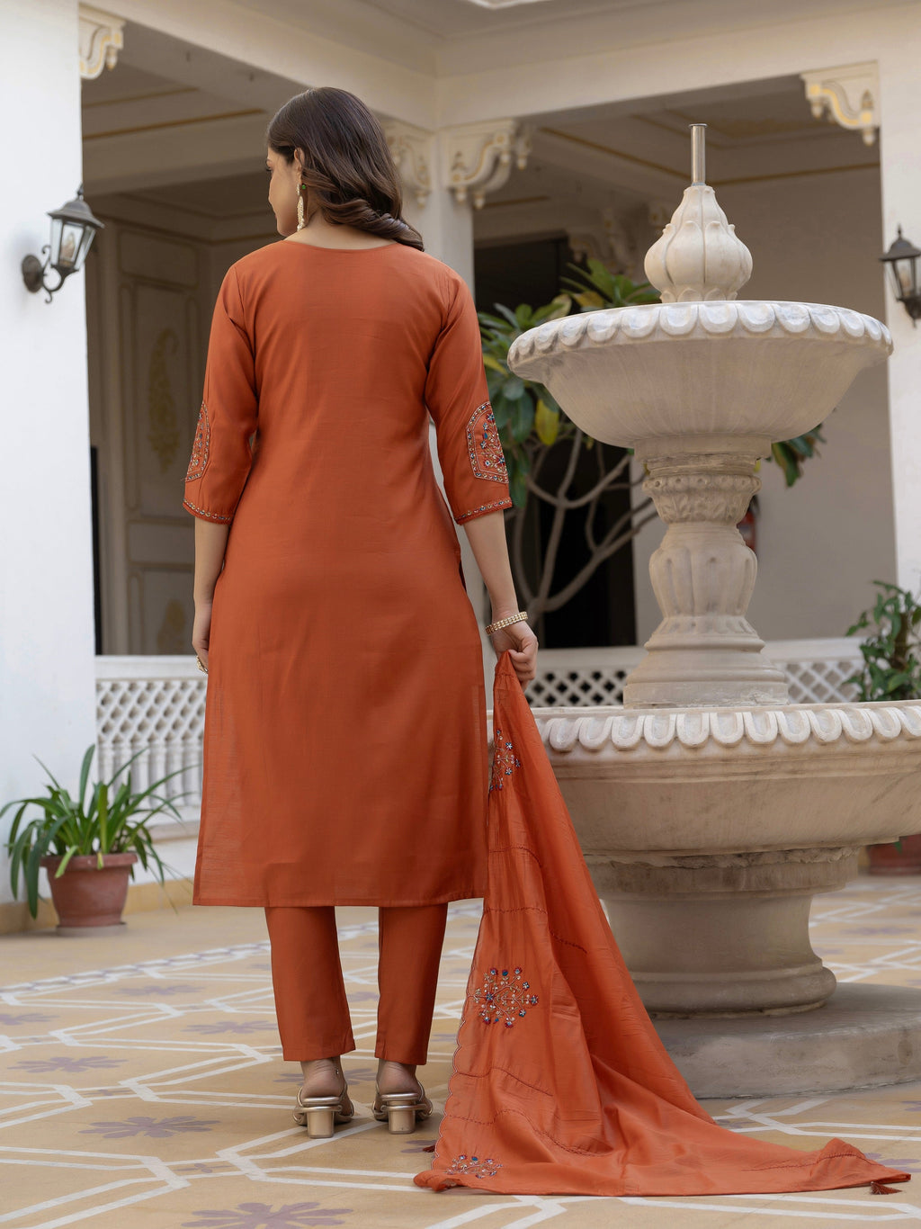 Vedant Vastram Viscose Silk Hand Work & Embroidery Work Stitched Salwar Suit Set-Rust - Distacart