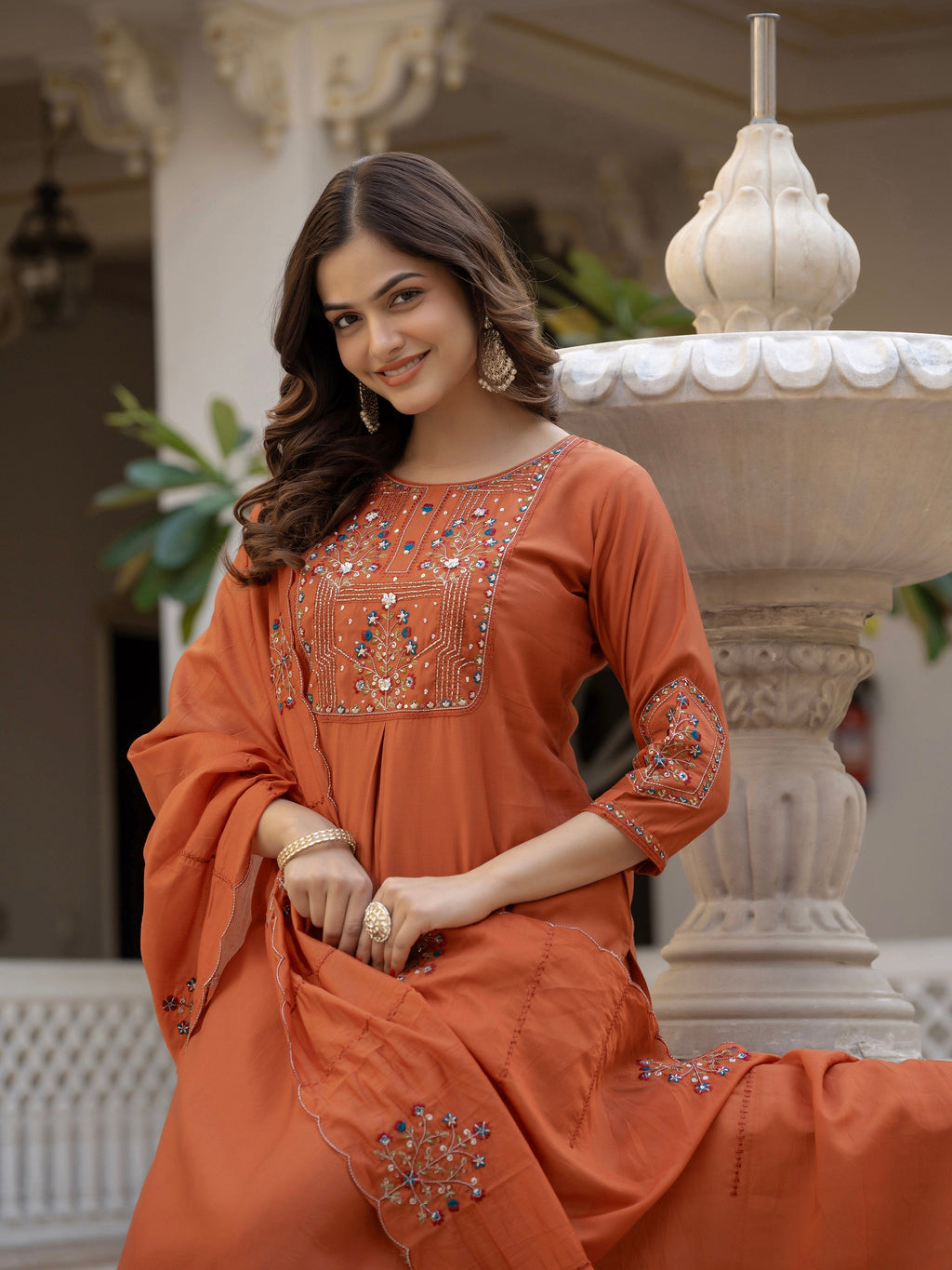 Vedant Vastram Viscose Silk Hand Work & Embroidery Work Stitched Salwar Suit Set-Rust - Distacart