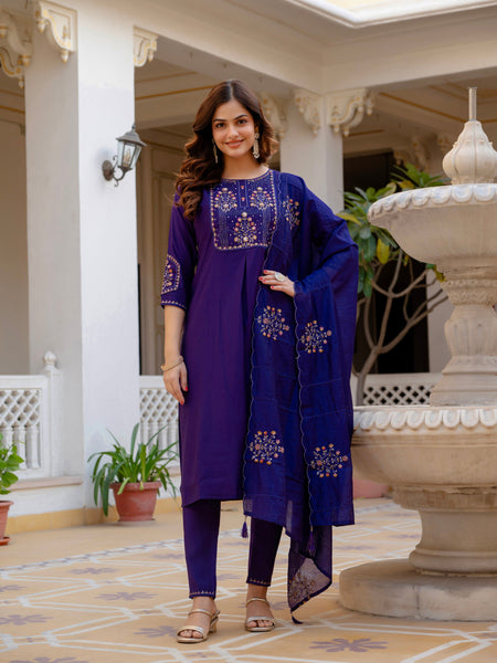 Vedant Vastram Viscose Silk Hand Work & Embroidery Work Stitched Salwar Suit Set-Violet