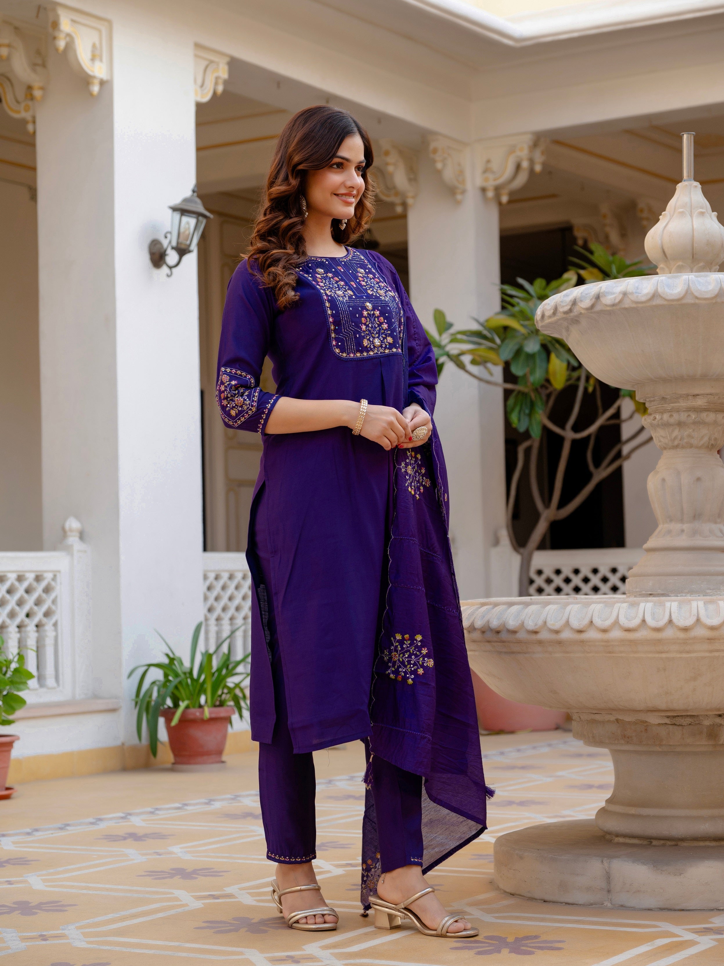 Vedant Vastram Viscose Silk Hand Work & Embroidery Work Stitched Salwar Suit Set-Violet - Distacart