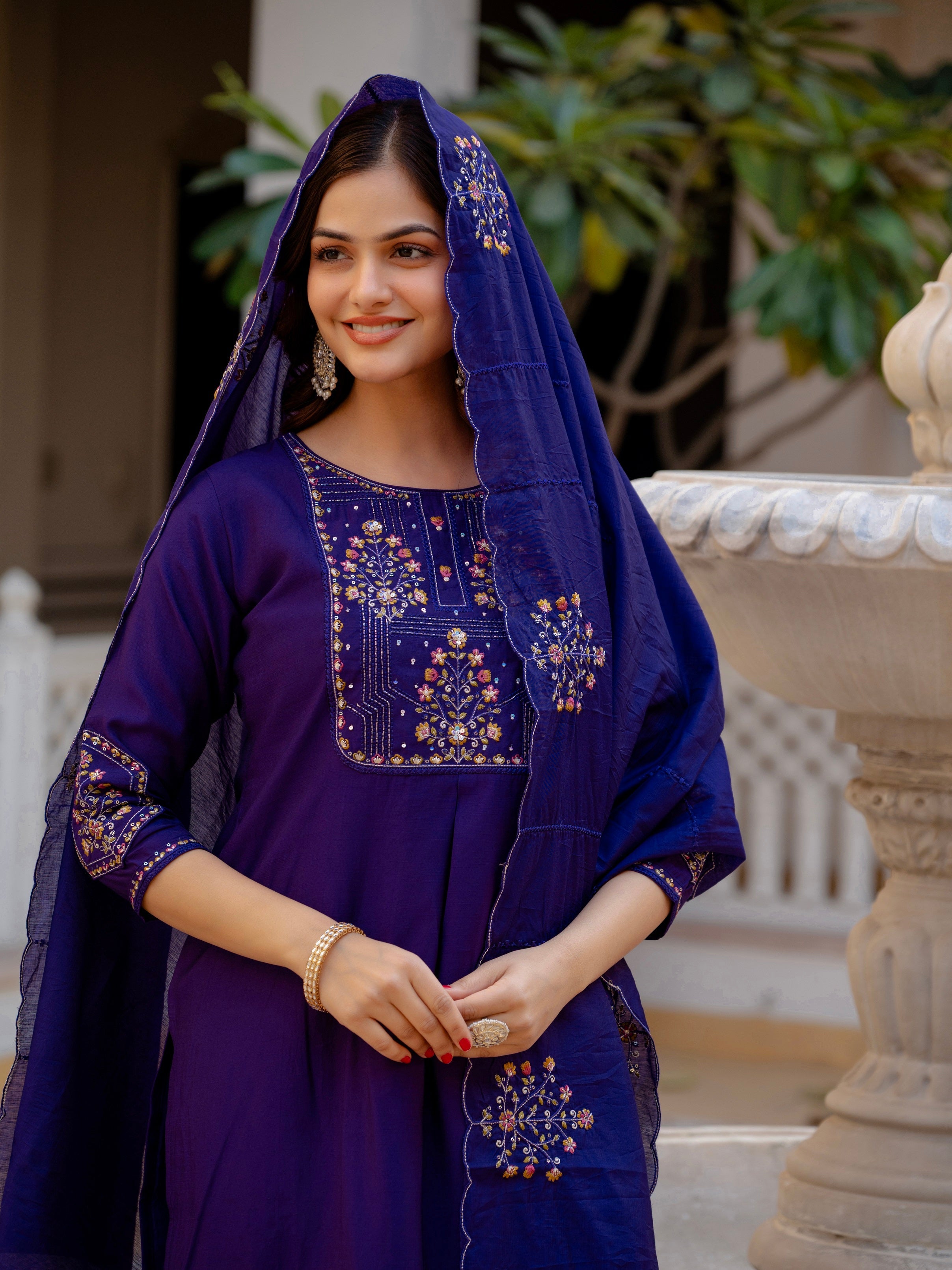 Vedant Vastram Viscose Silk Hand Work & Embroidery Work Stitched Salwar Suit Set-Violet - Distacart