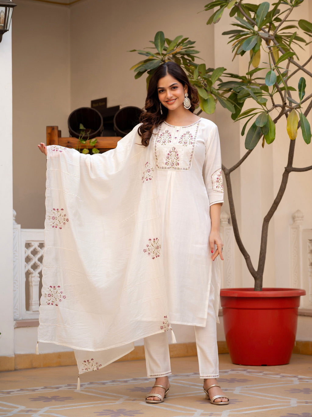 Vedant Vastram Viscose Silk Hand Work & Embroidery Work Stitched Salwar Suit Set-White - Distacart