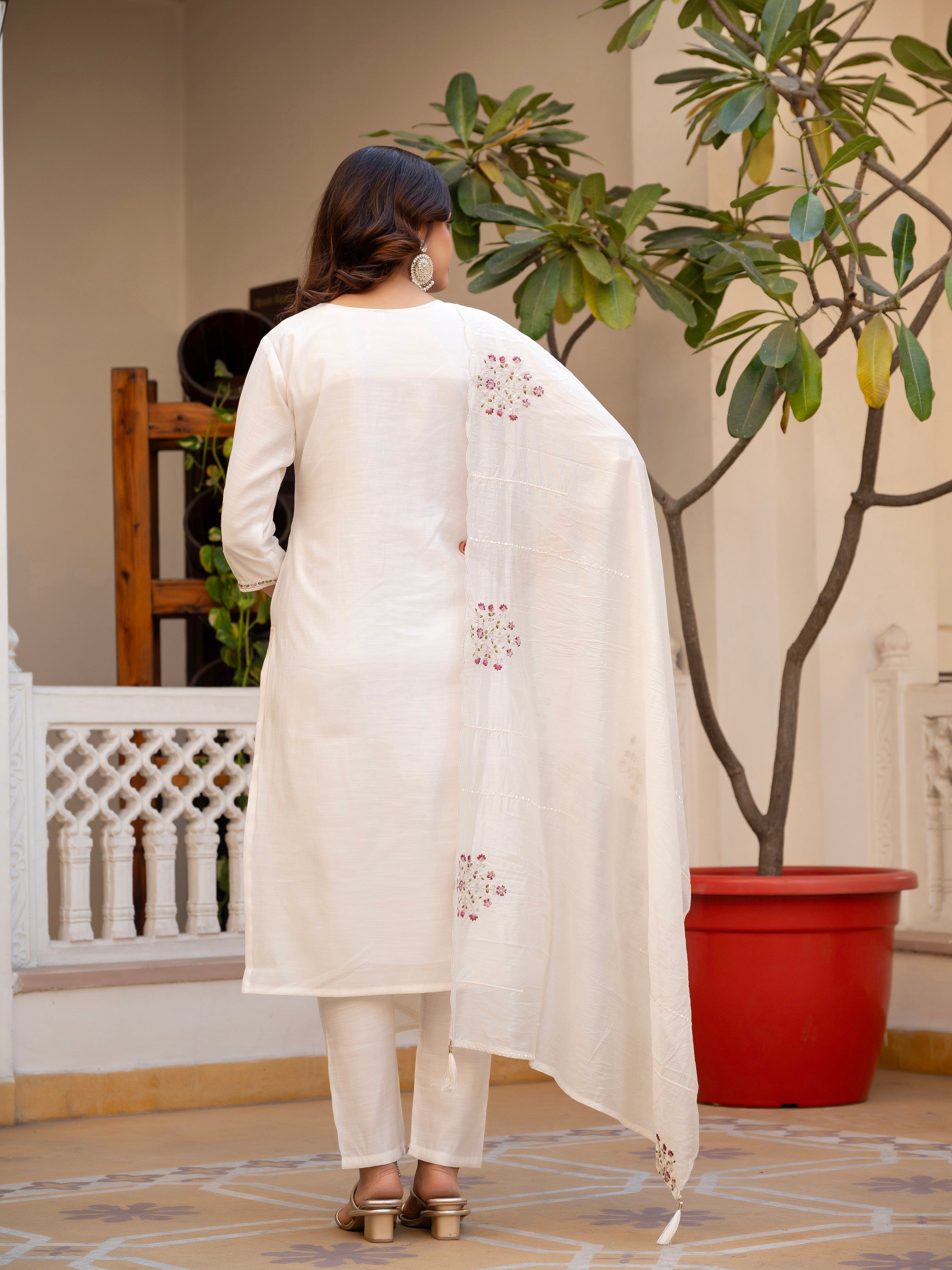 Vedant Vastram Viscose Silk Hand Work & Embroidery Work Stitched Salwar Suit Set-White - Distacart