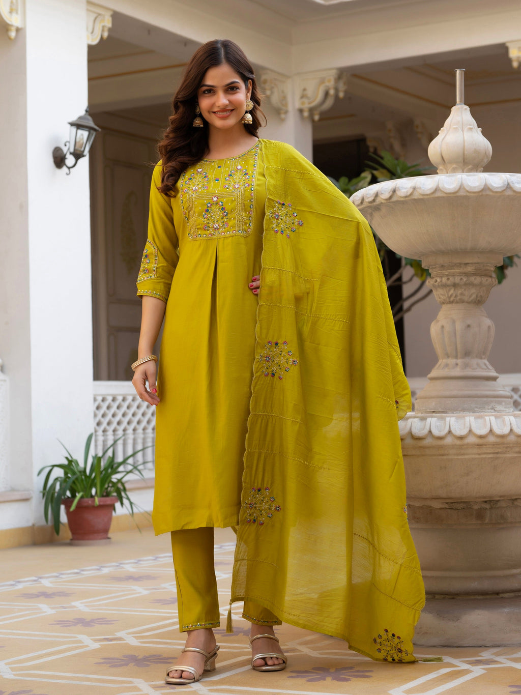 Vedant Vastram Viscose Silk Hand Work & Embroidery Work Stitched Salwar Suit Set-Yellow - Distacart