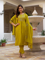 Vedant Vastram Viscose Silk Hand Work & Embroidery Work Stitched Salwar Suit Set-Yellow - Distacart