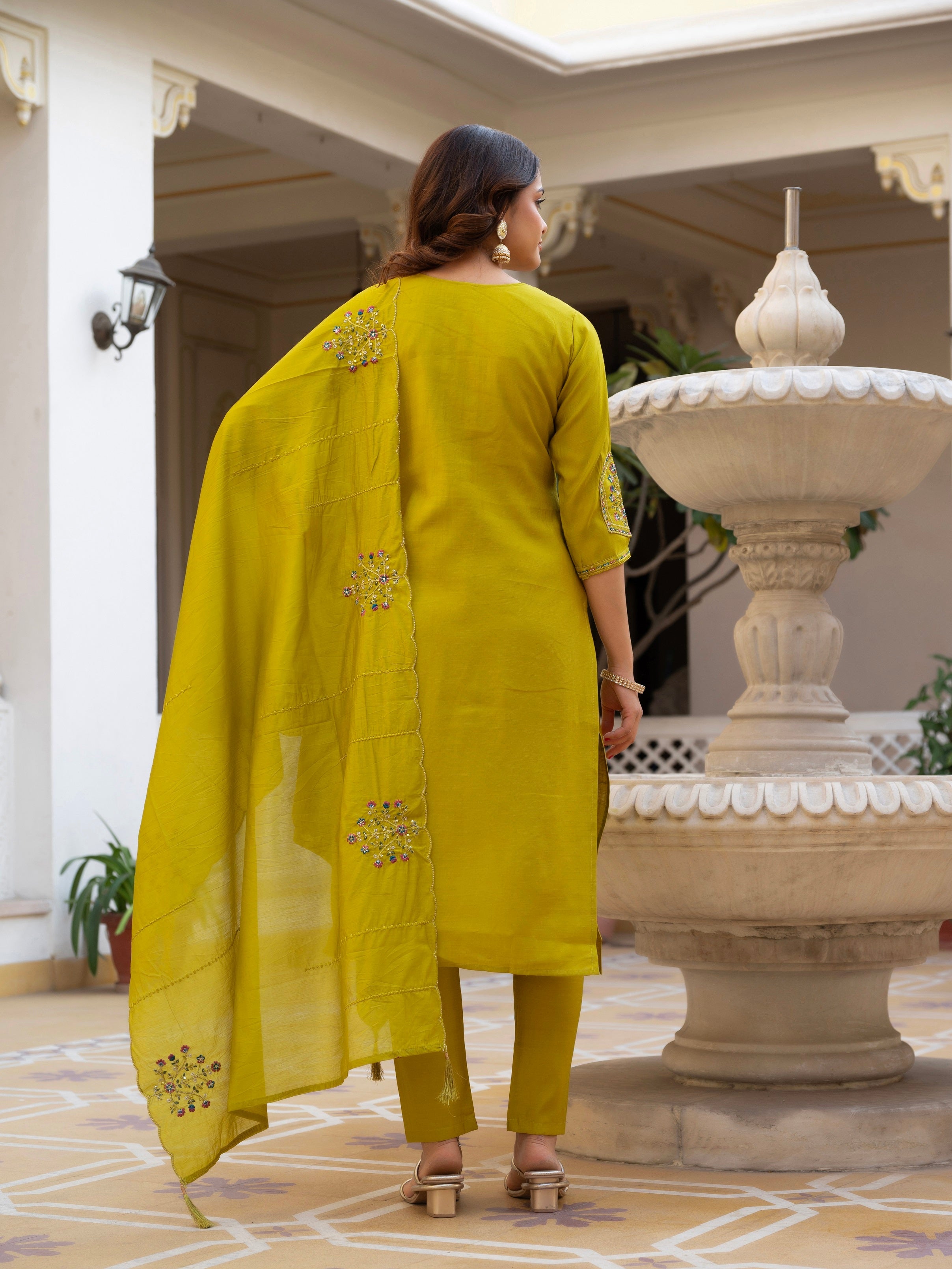 Vedant Vastram Viscose Silk Hand Work & Embroidery Work Stitched Salwar Suit Set-Yellow - Distacart