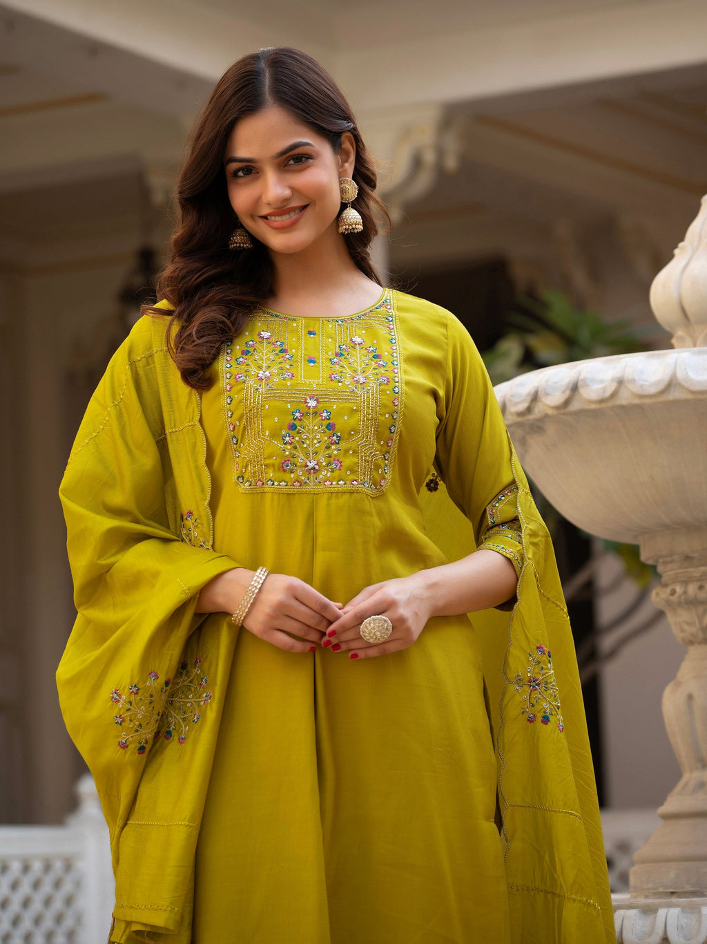 Vedant Vastram Viscose Silk Hand Work & Embroidery Work Stitched Salwar Suit Set-Yellow - Distacart