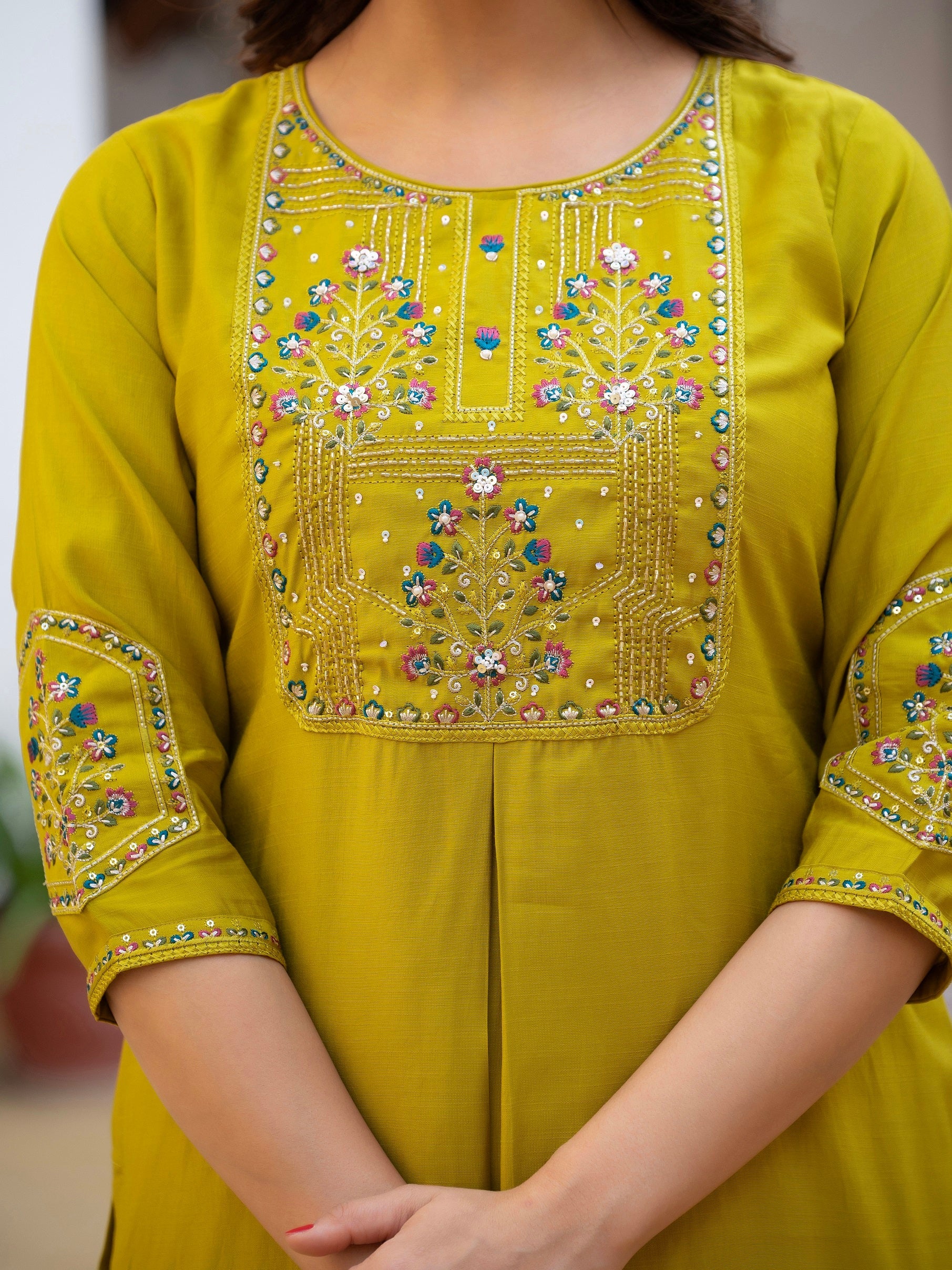 Vedant Vastram Viscose Silk Hand Work & Embroidery Work Stitched Salwar Suit Set-Yellow - Distacart