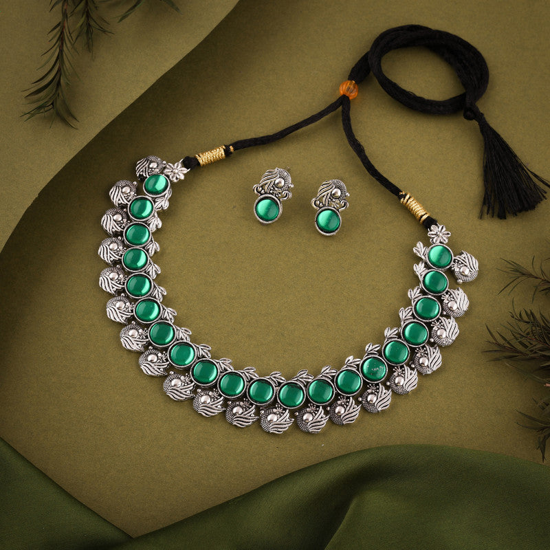 Tehzeeb Creations Silver Plated Green Colour Stone Jewellery Choker Necklace Set With Matching Pair of Stud Earrings