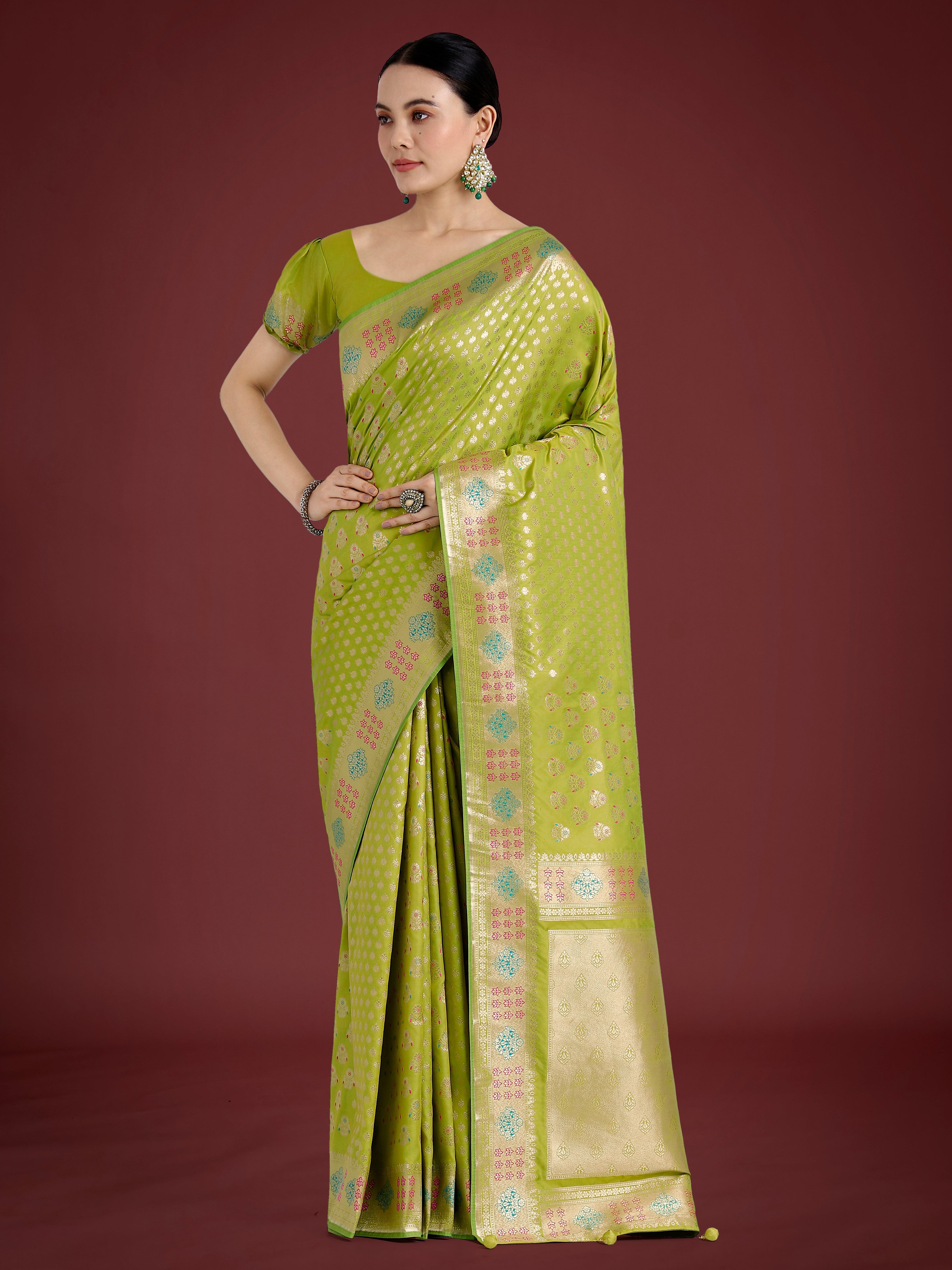Monjolika Fashion Lime Green Colour Banarasi Silk Zari Weaving Classic Saree - Distacart