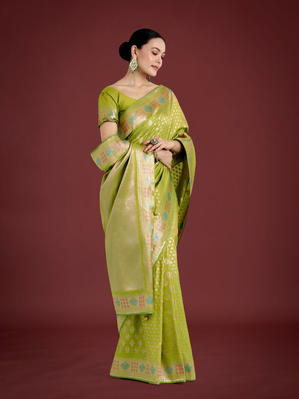 Monjolika Fashion Lime Green Colour Banarasi Silk Zari Weaving Classic Saree - Distacart