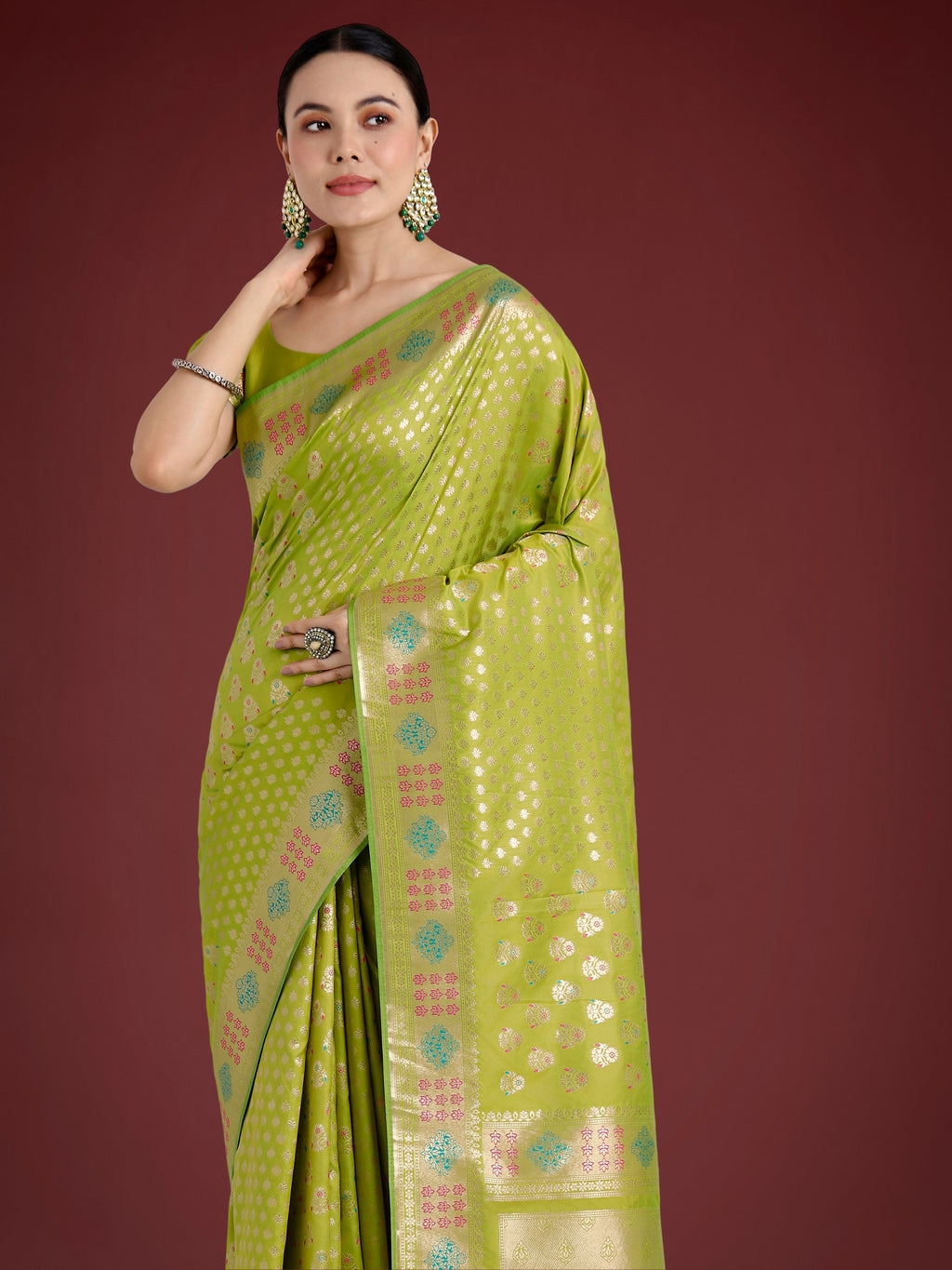 Monjolika Fashion Lime Green Colour Banarasi Silk Zari Weaving Classic Saree - Distacart