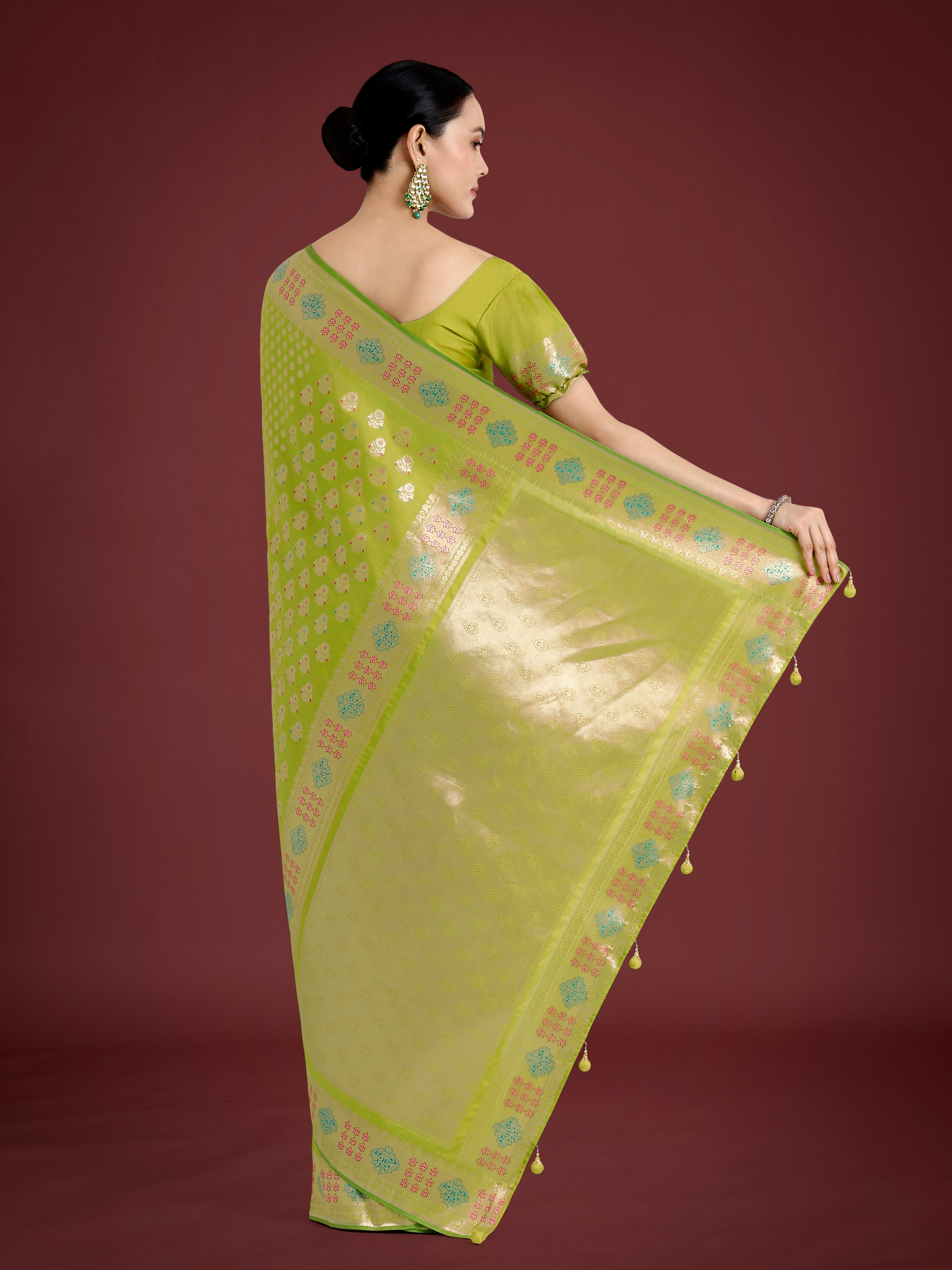 Monjolika Fashion Lime Green Colour Banarasi Silk Zari Weaving Classic Saree - Distacart