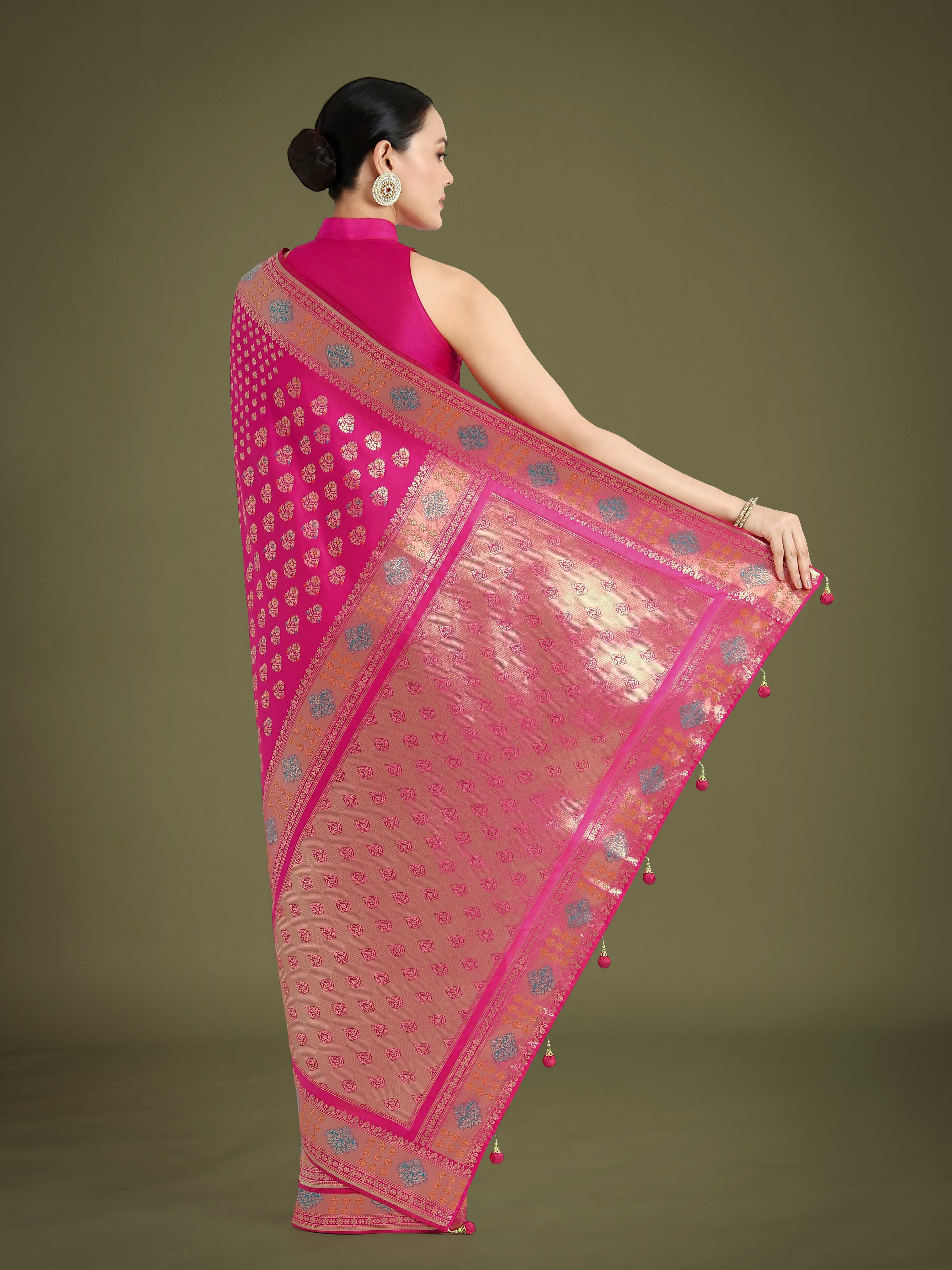 Monjolika Fashion Rani Pink Colour Banarasi Silk Zari Weaving Classic Saree - Distacart