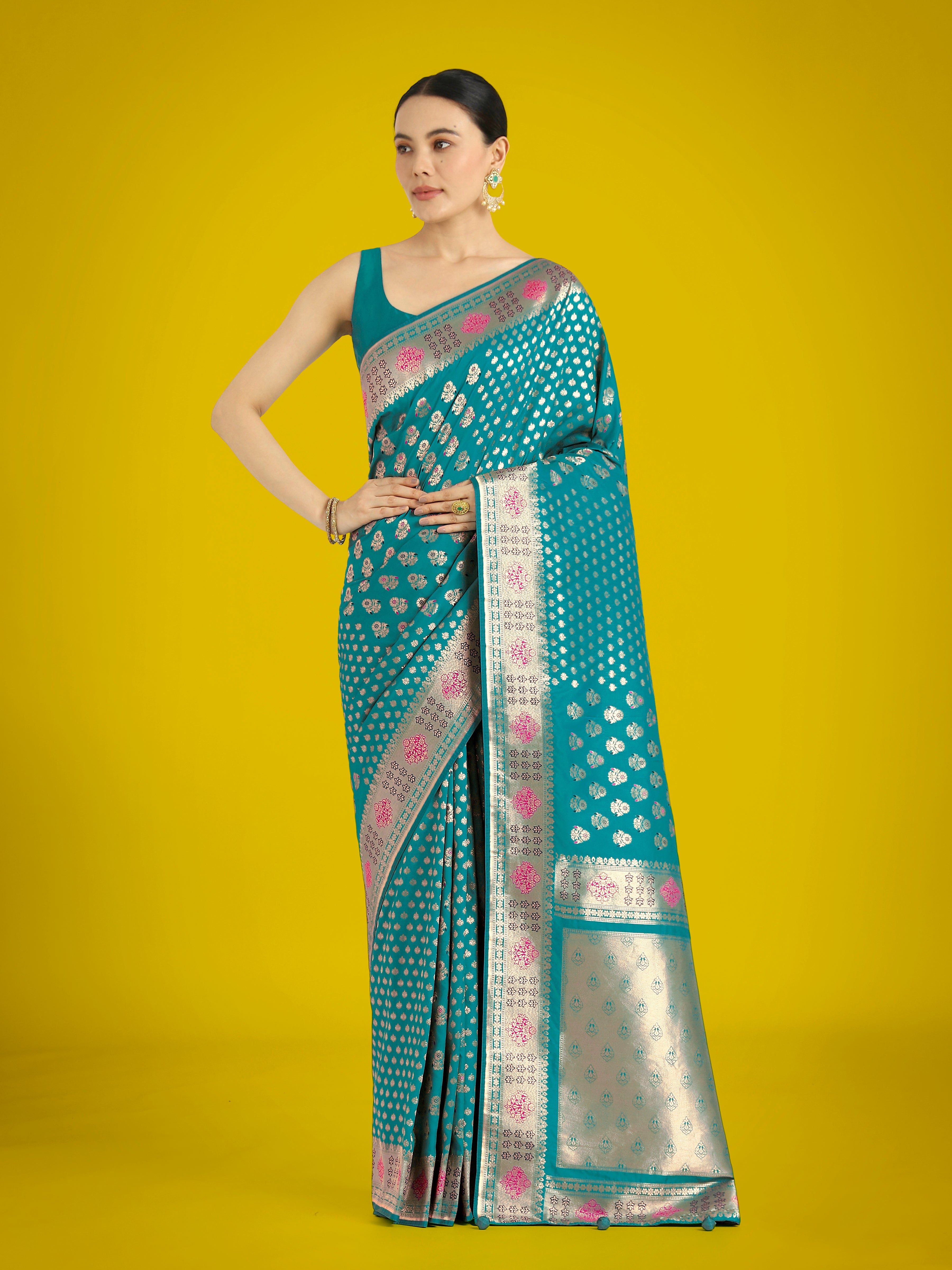 Monjolika Fashion Cyan blue Colour Banarasi Silk Zari Weaving Classic Saree - Distacart