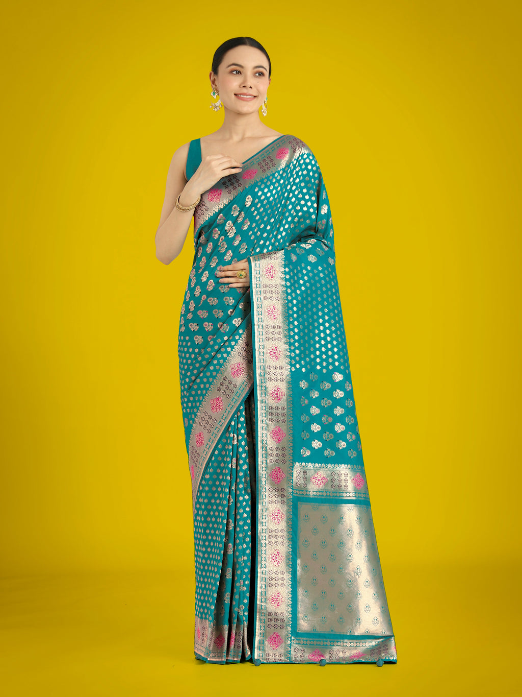 Monjolika Fashion Cyan blue Colour Banarasi Silk Zari Weaving Classic Saree - Distacart