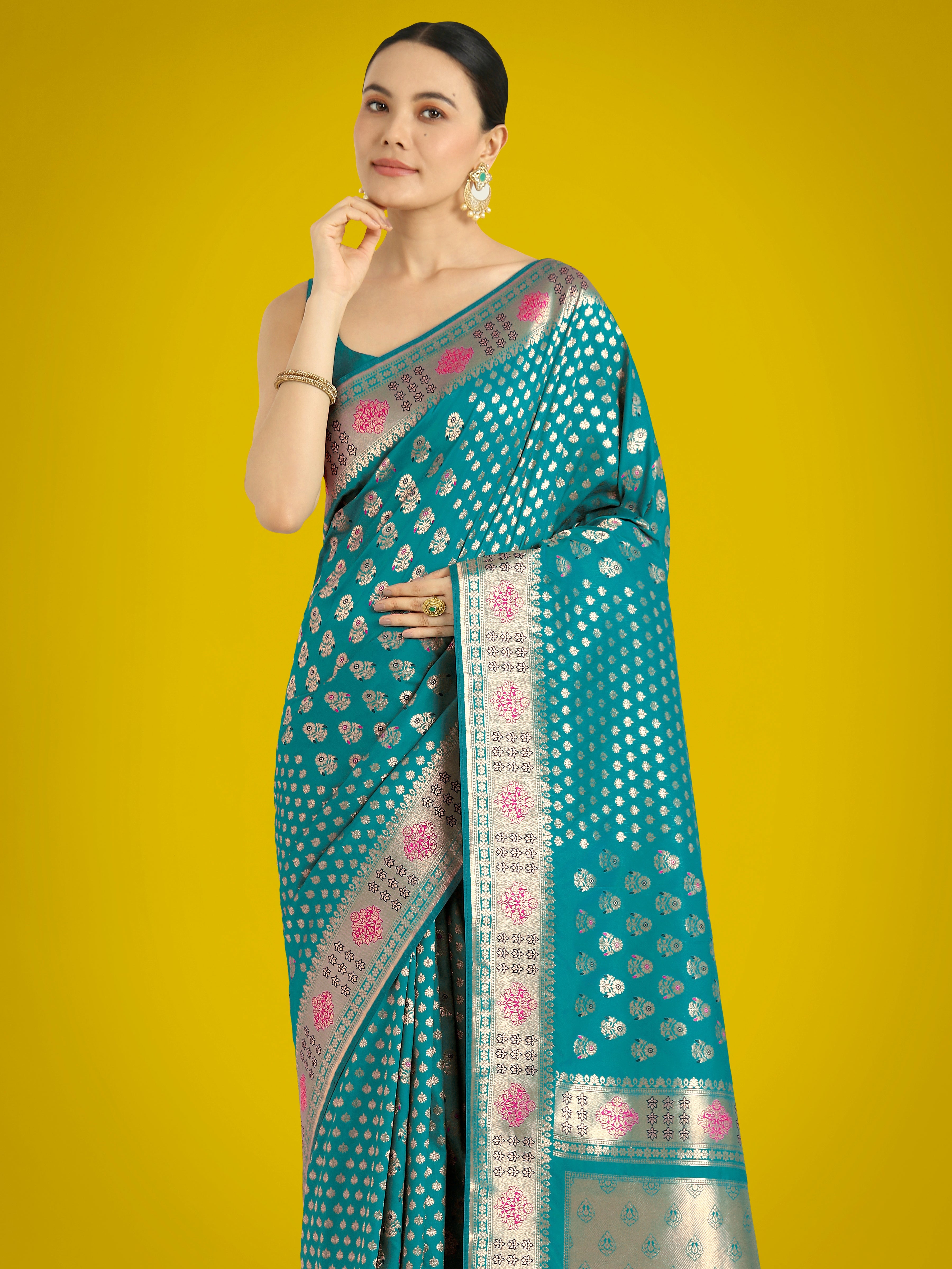 Monjolika Fashion Cyan blue Colour Banarasi Silk Zari Weaving Classic Saree - Distacart