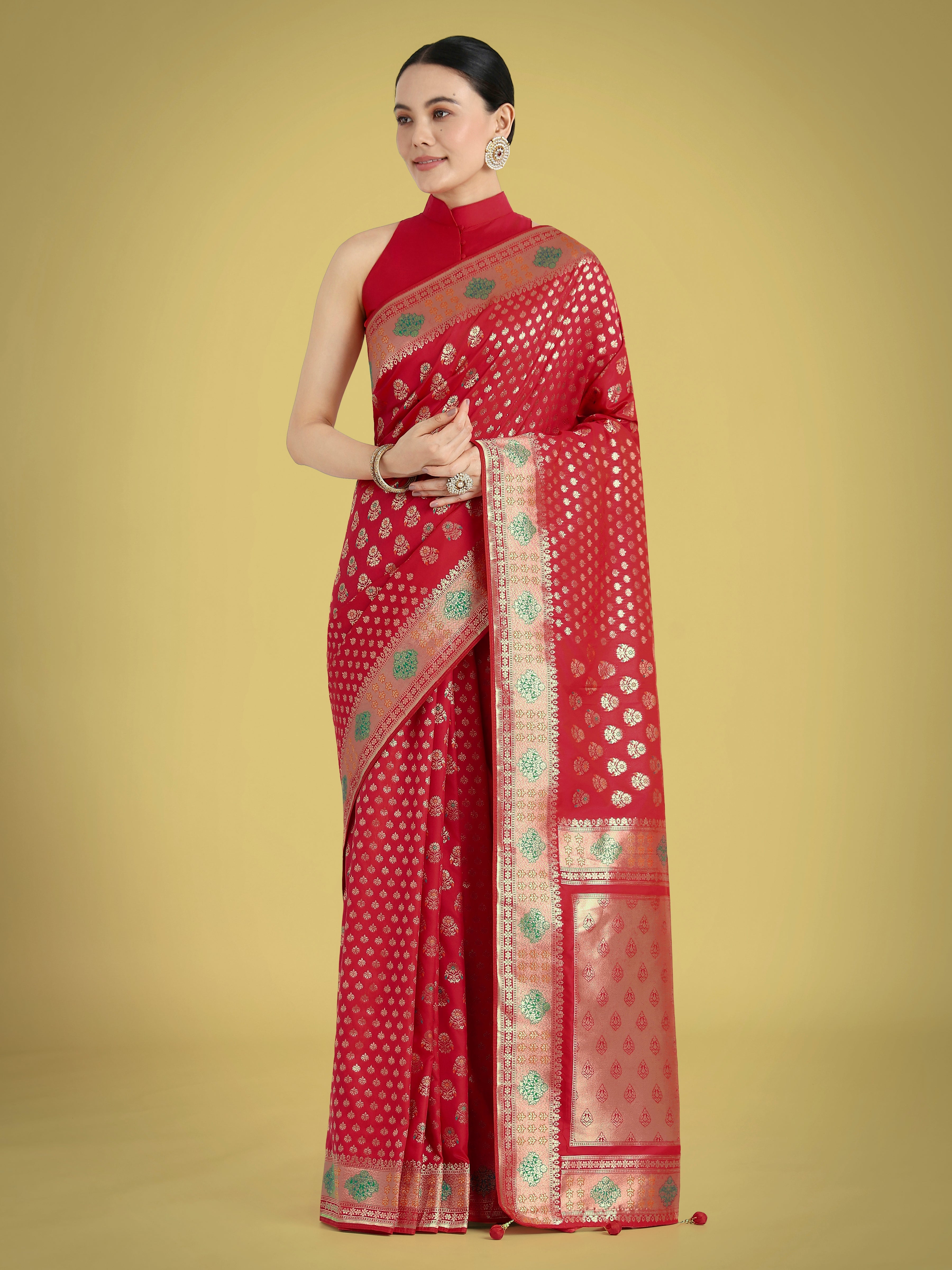Monjolika Fashion Red Colour Banarasi Silk Zari Weaving Classic Saree - Distacart