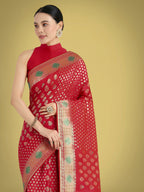 Monjolika Fashion Red Colour Banarasi Silk Zari Weaving Classic Saree - Distacart