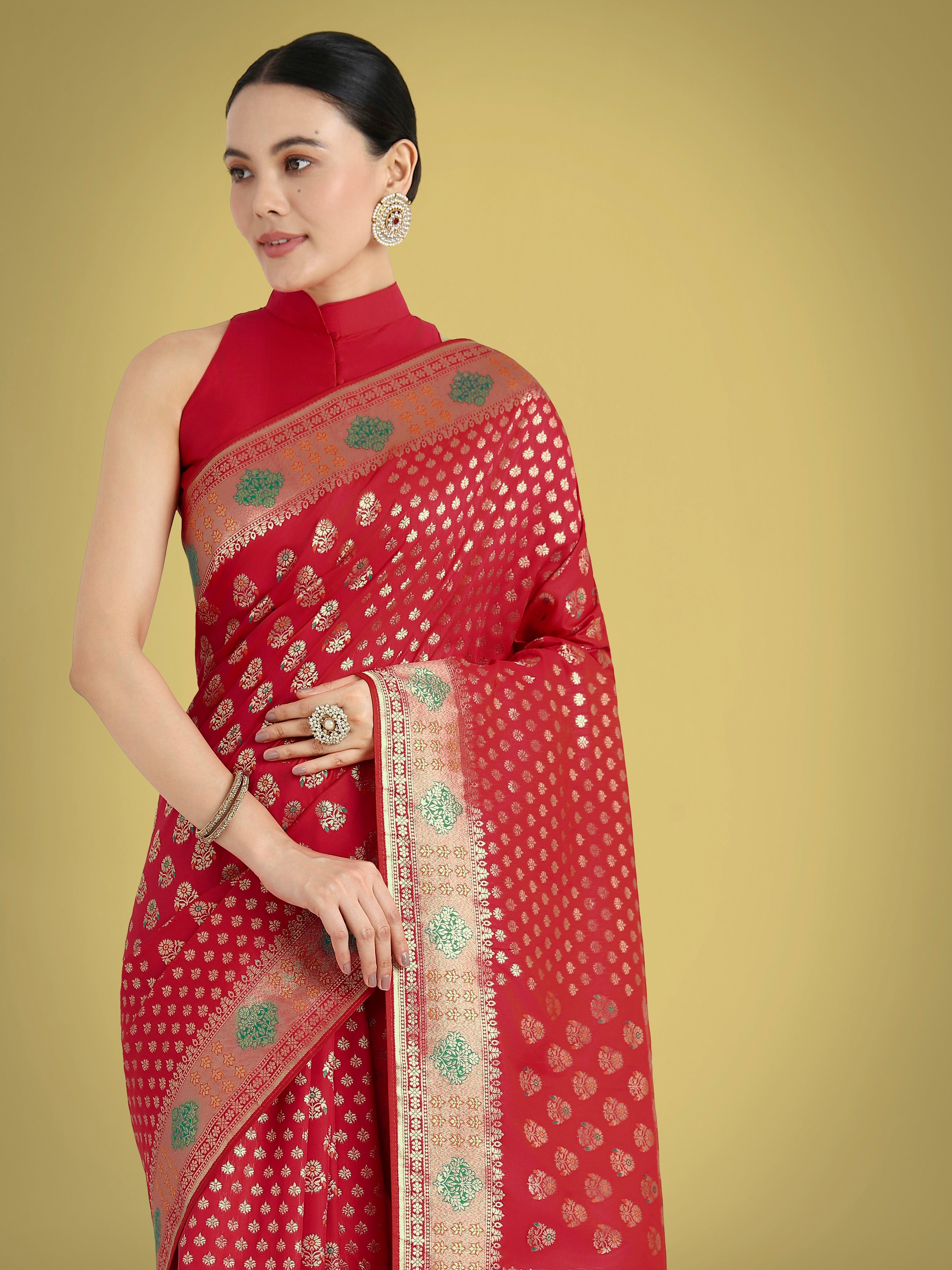 Monjolika Fashion Red Colour Banarasi Silk Zari Weaving Classic Saree - Distacart