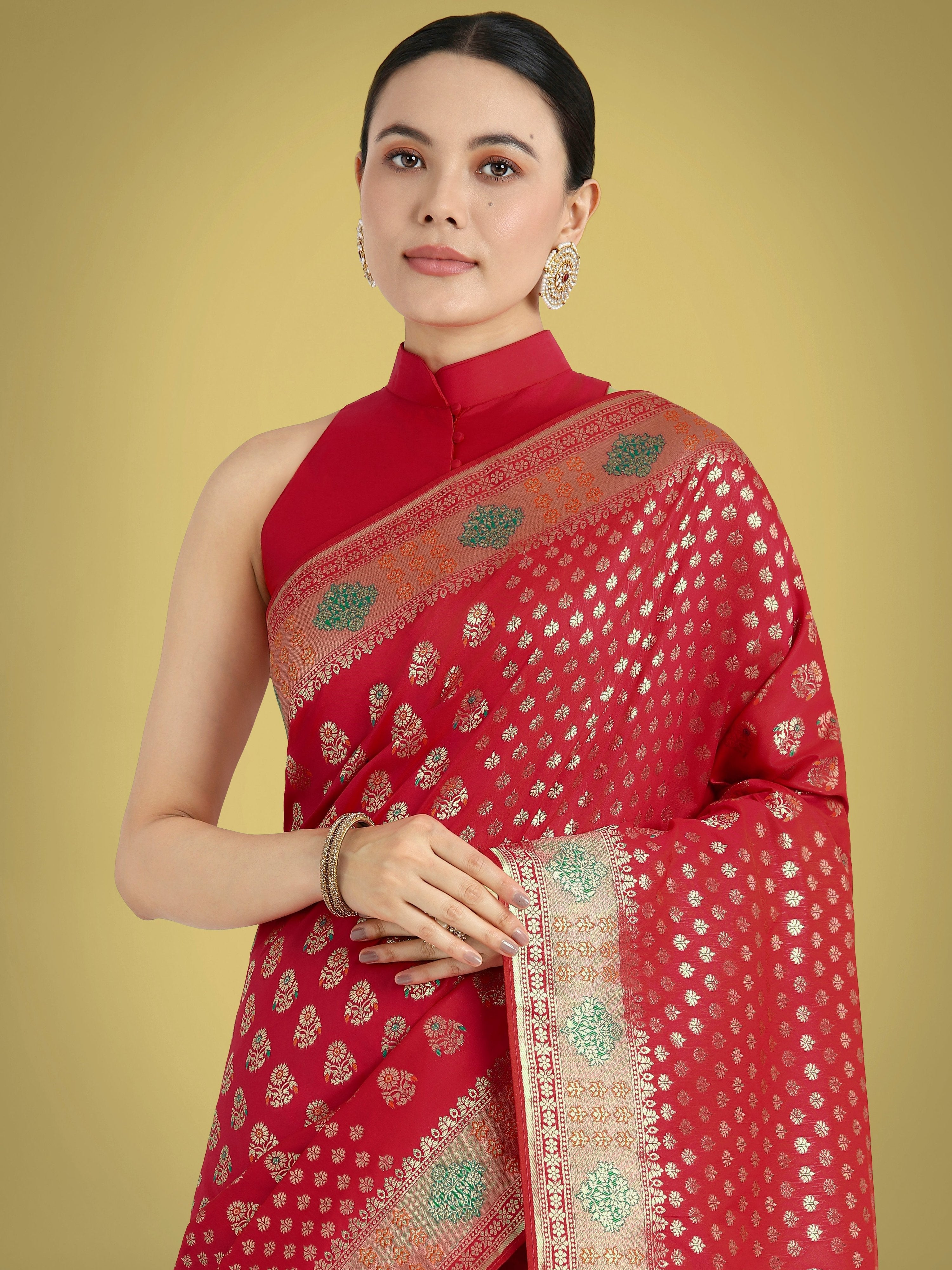 Monjolika Fashion Red Colour Banarasi Silk Zari Weaving Classic Saree - Distacart