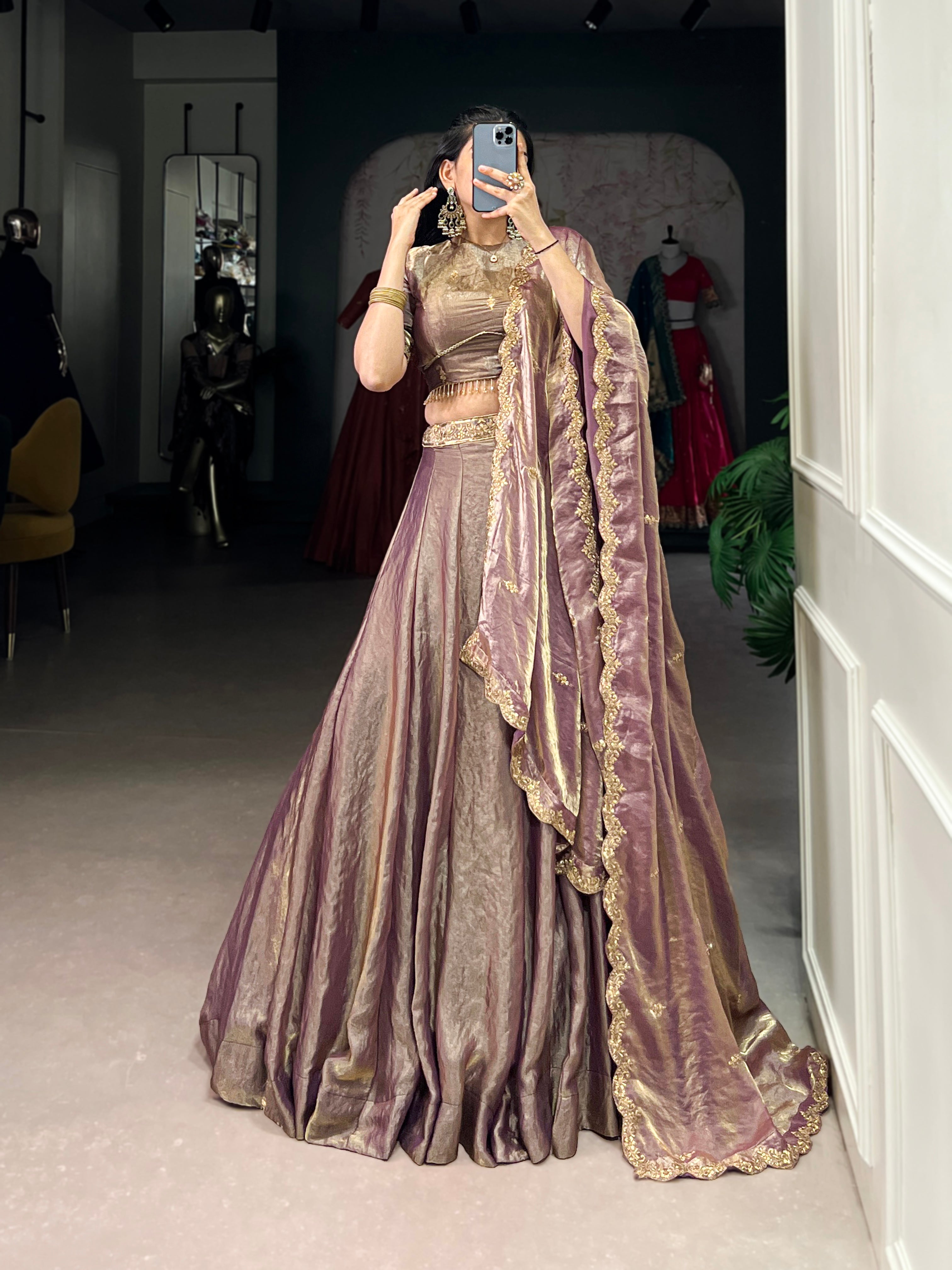 Lorenvalley Lavender Fendi Silk Sequins and Thread Embroidery Work Belt Lehenga Choli with Dupatta