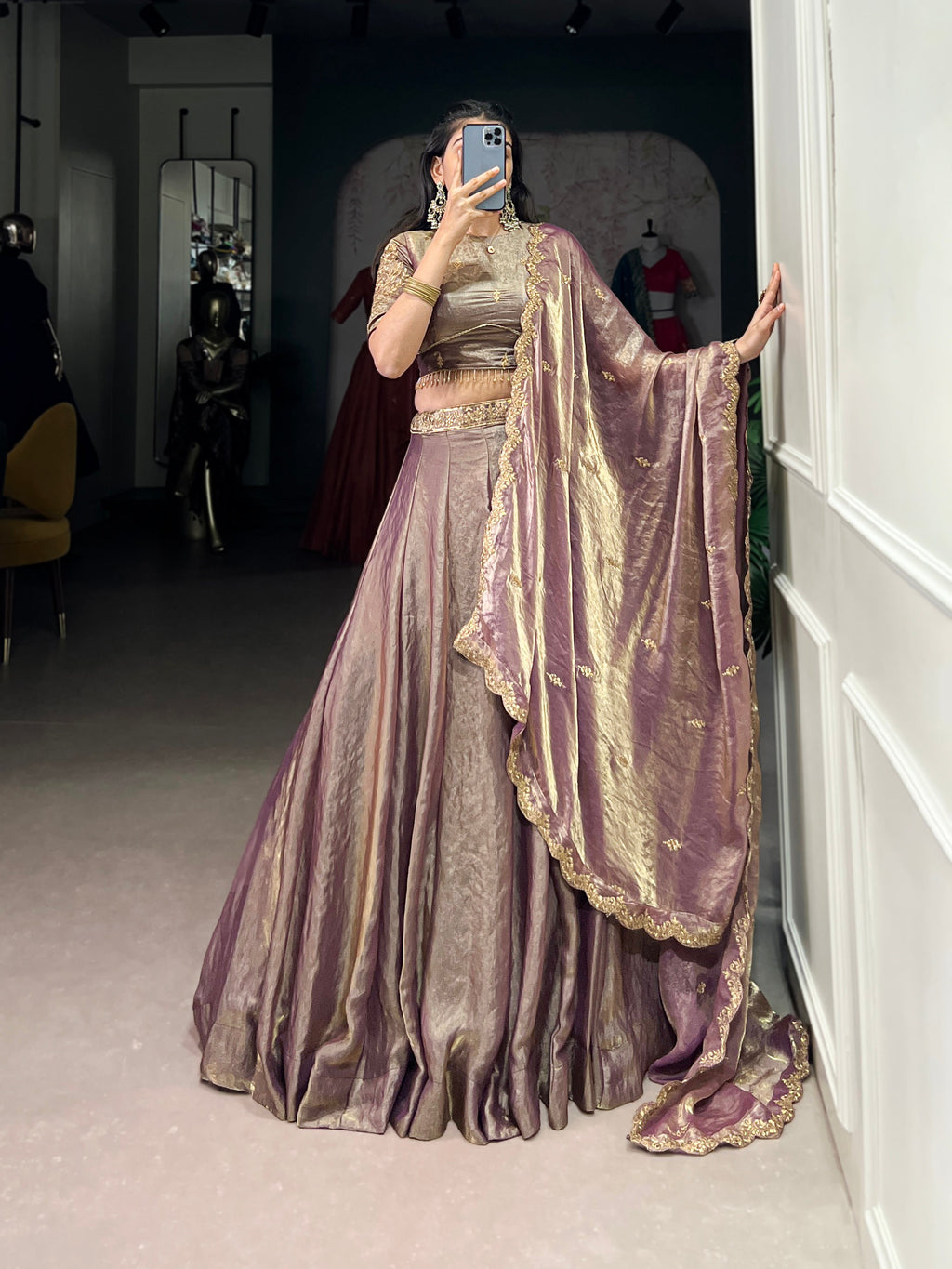 Lorenvalley Lavender Fendi Silk Sequins and Thread Embroidery Work Belt Lehenga Choli with Dupatta
