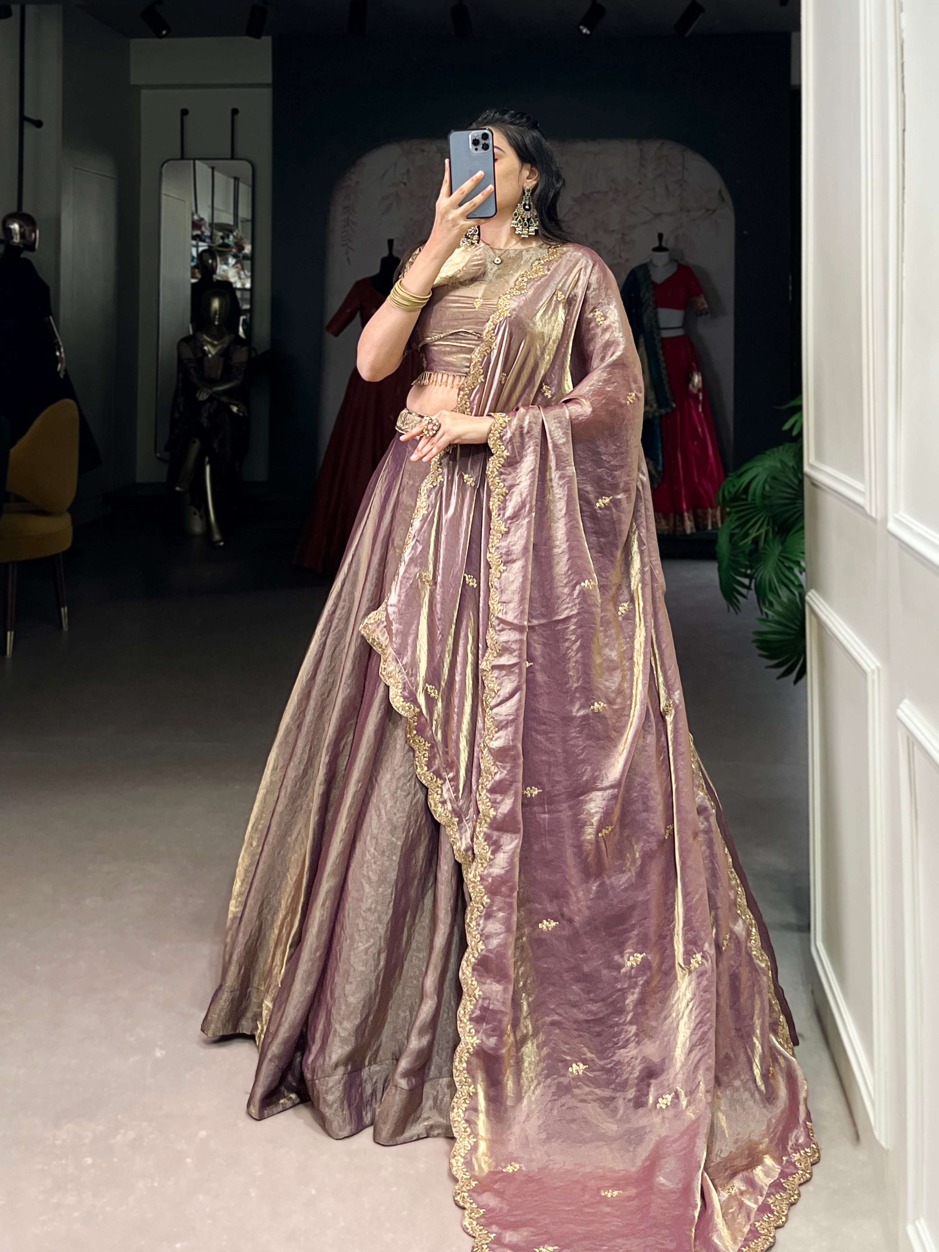 Lorenvalley Lavender Fendi Silk Sequins and Thread Embroidery Work Belt Lehenga Choli with Dupatta