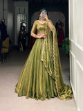 Lorenvalley Mahendi Fendi Silk Sequins and Thread Embroidery Work Belt Lehenga Choli with Dupatta