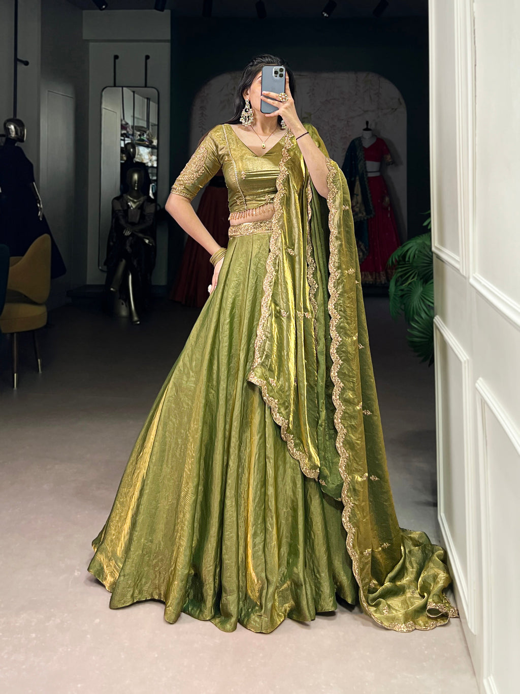 Lorenvalley Mahendi Fendi Silk Sequins and Thread Embroidery Work Belt Lehenga Choli with Dupatta