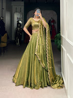 Lorenvalley Mahendi Fendi Silk Sequins and Thread Embroidery Work Belt Lehenga Choli with Dupatta