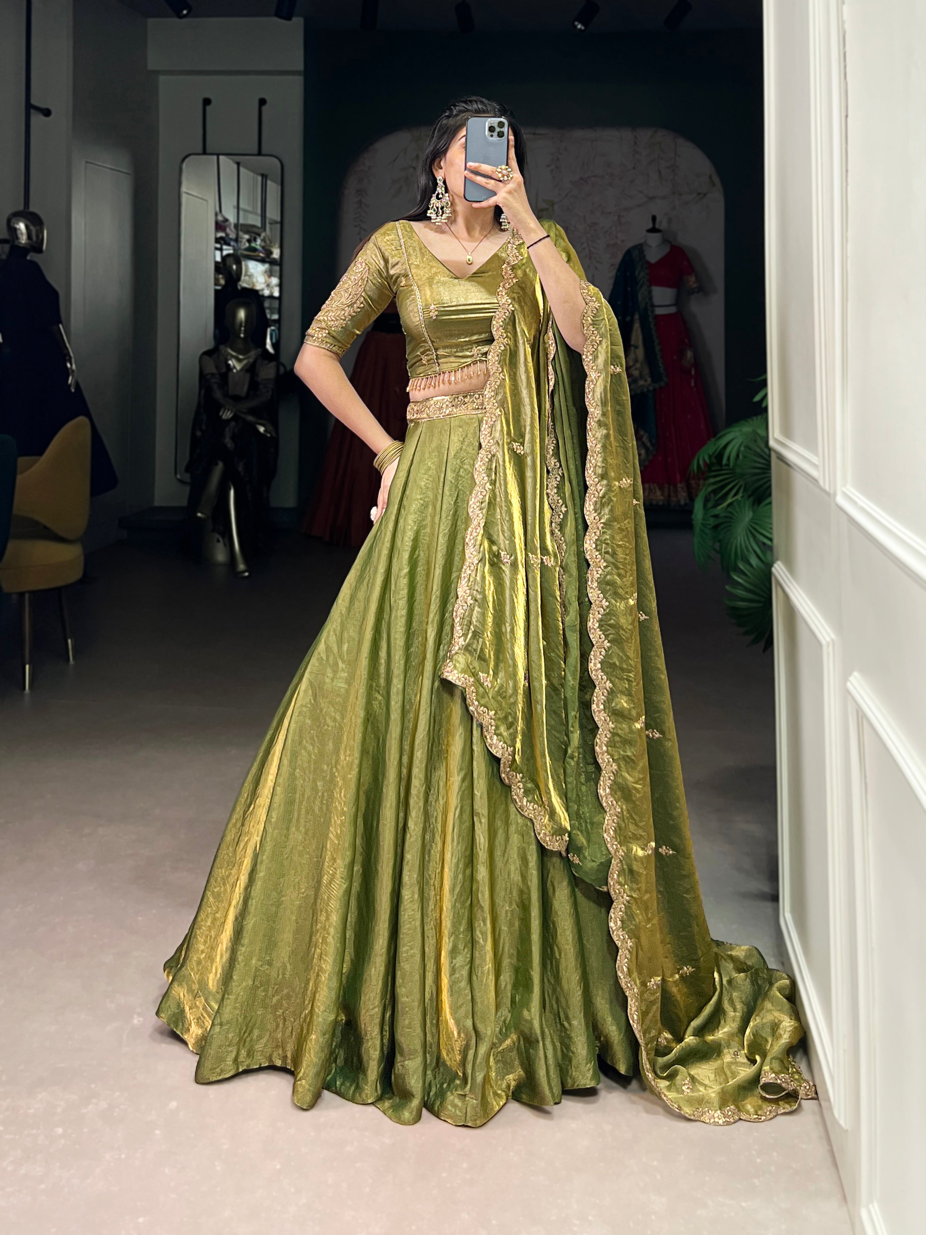 Lorenvalley Mahendi Fendi Silk Sequins and Thread Embroidery Work Belt Lehenga Choli with Dupatta