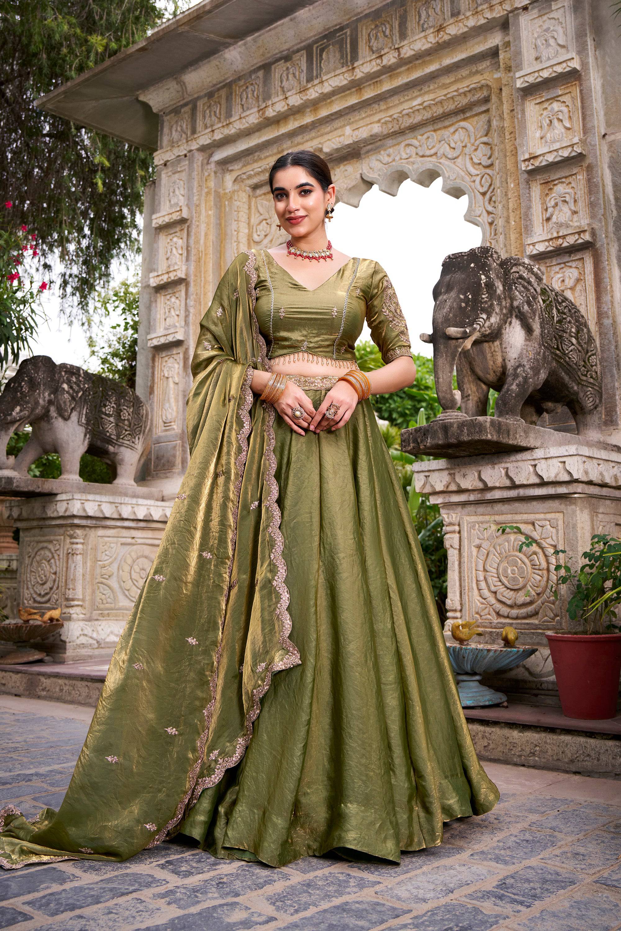 Lorenvalley Fashion Mahendi Fendi Silk Sequins and Thread Embroidery Work Belt Lehenga Choli with Dupatta - Distacart