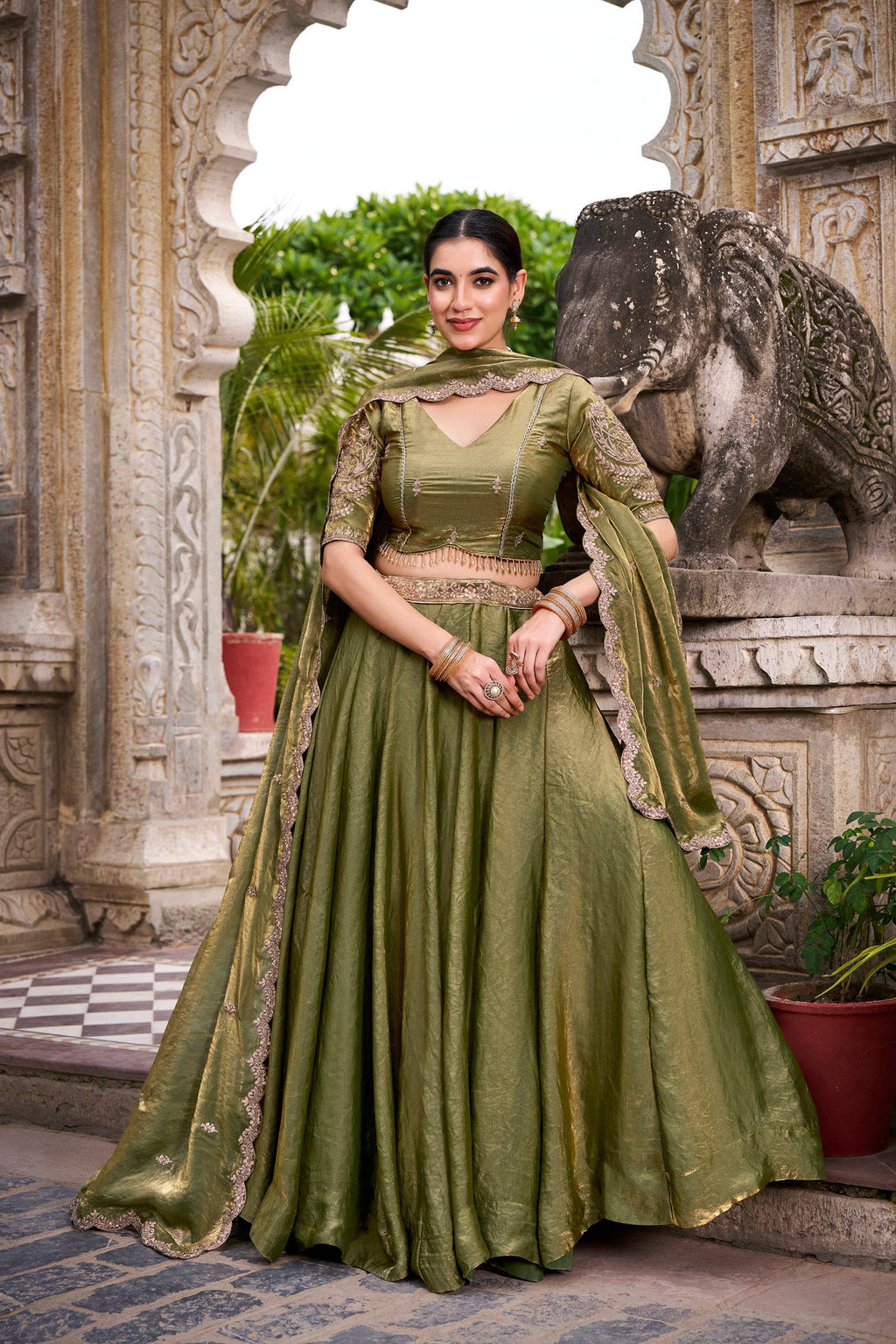 Lorenvalley Fashion Mahendi Fendi Silk Sequins and Thread Embroidery Work Belt Lehenga Choli with Dupatta - Distacart
