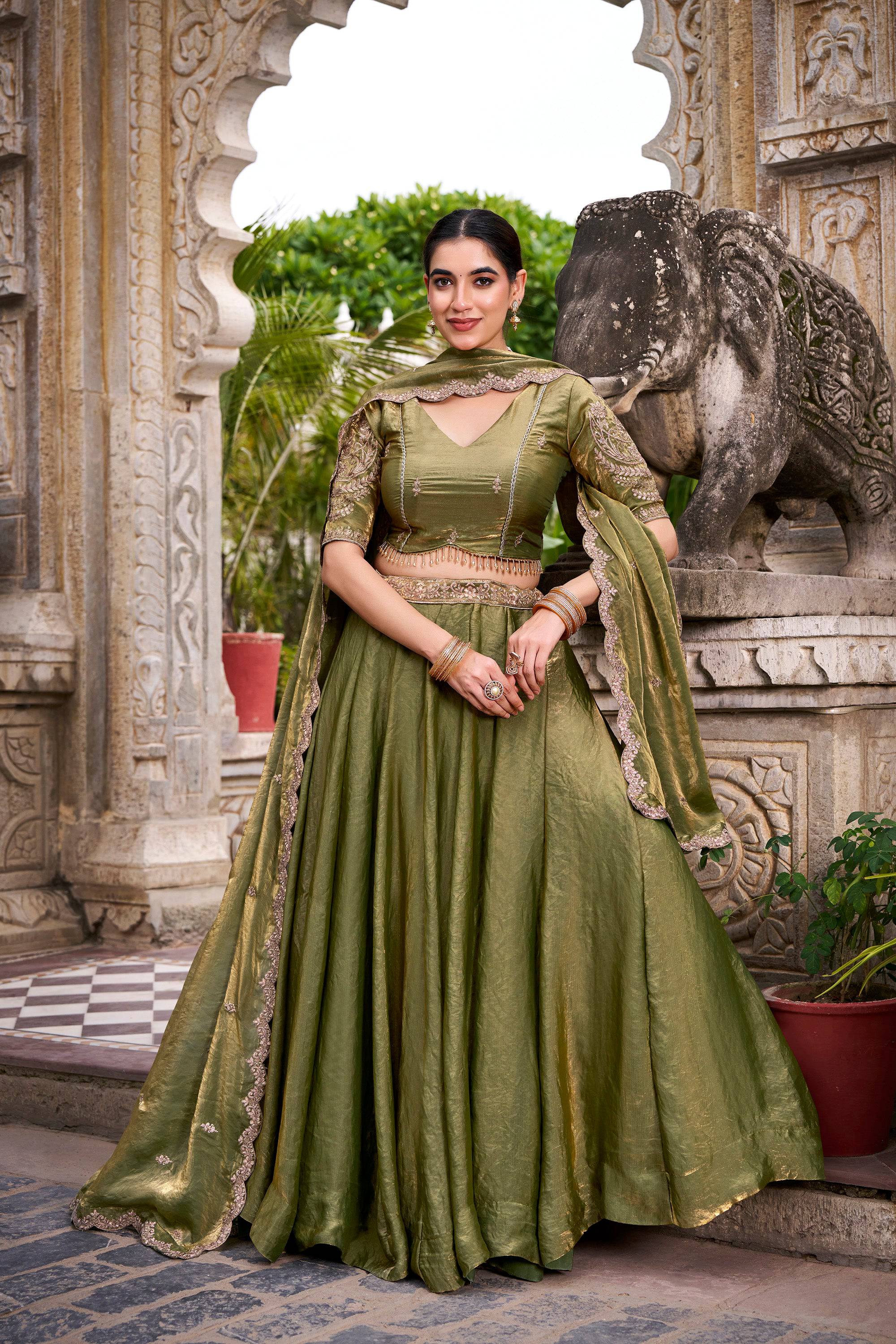 Lorenvalley Fashion Mahendi Fendi Silk Sequins and Thread Embroidery Work Belt Lehenga Choli with Dupatta - Distacart