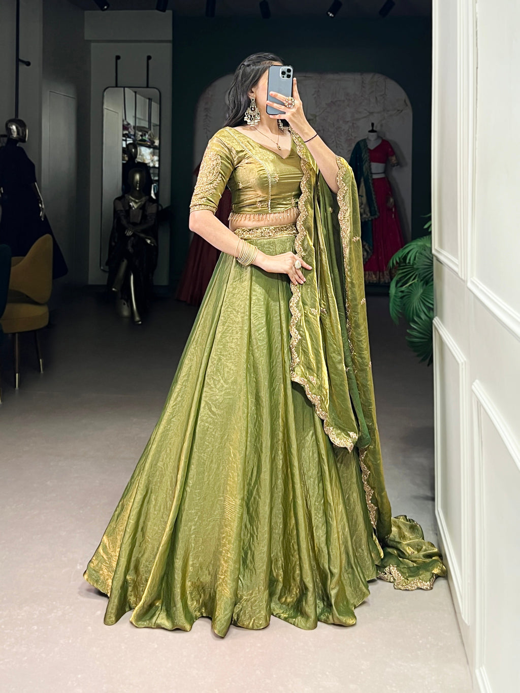 Lorenvalley Mahendi Fendi Silk Sequins and Thread Embroidery Work Belt Lehenga Choli with Dupatta