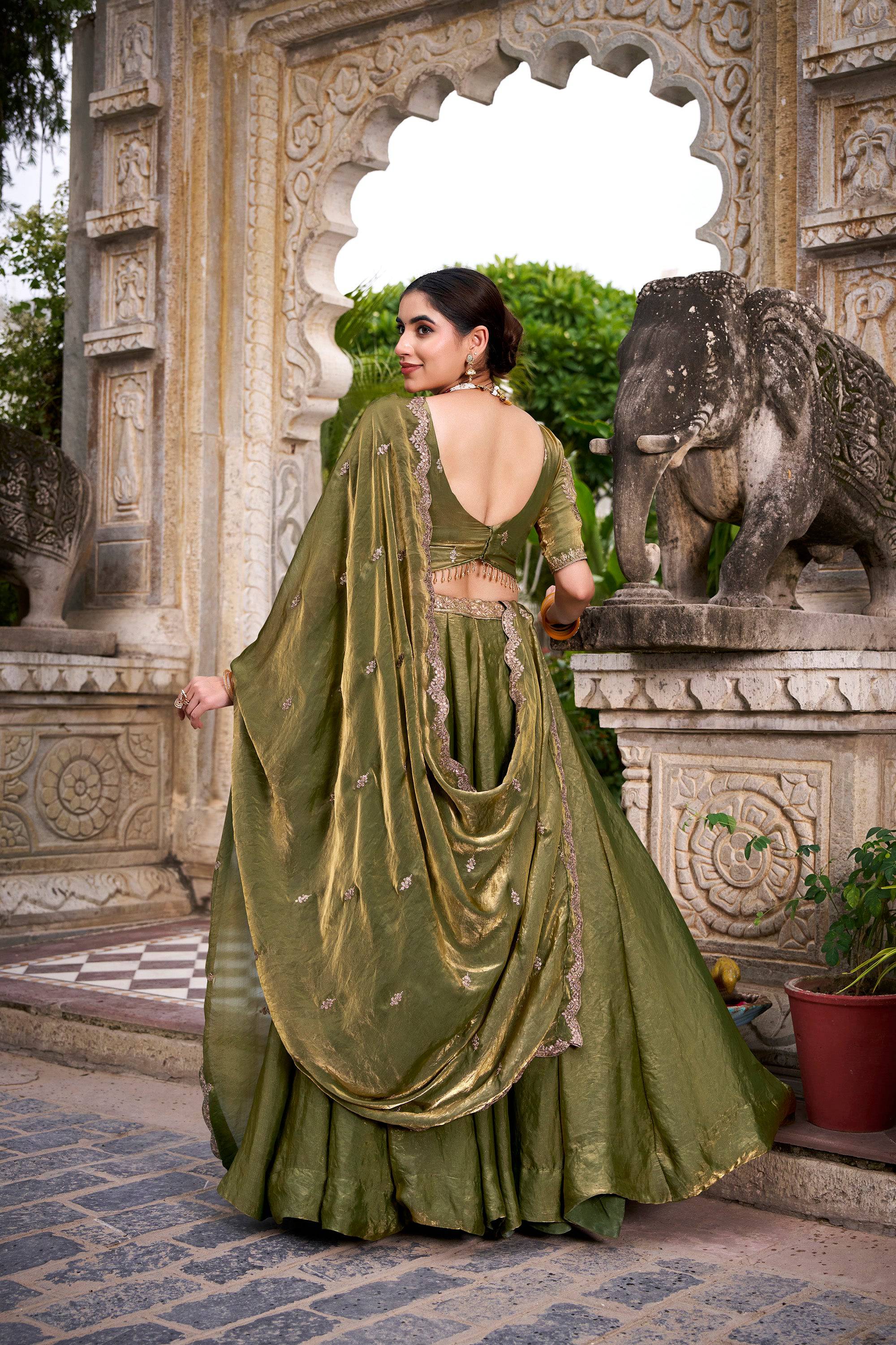 Lorenvalley Fashion Mahendi Fendi Silk Sequins and Thread Embroidery Work Belt Lehenga Choli with Dupatta - Distacart