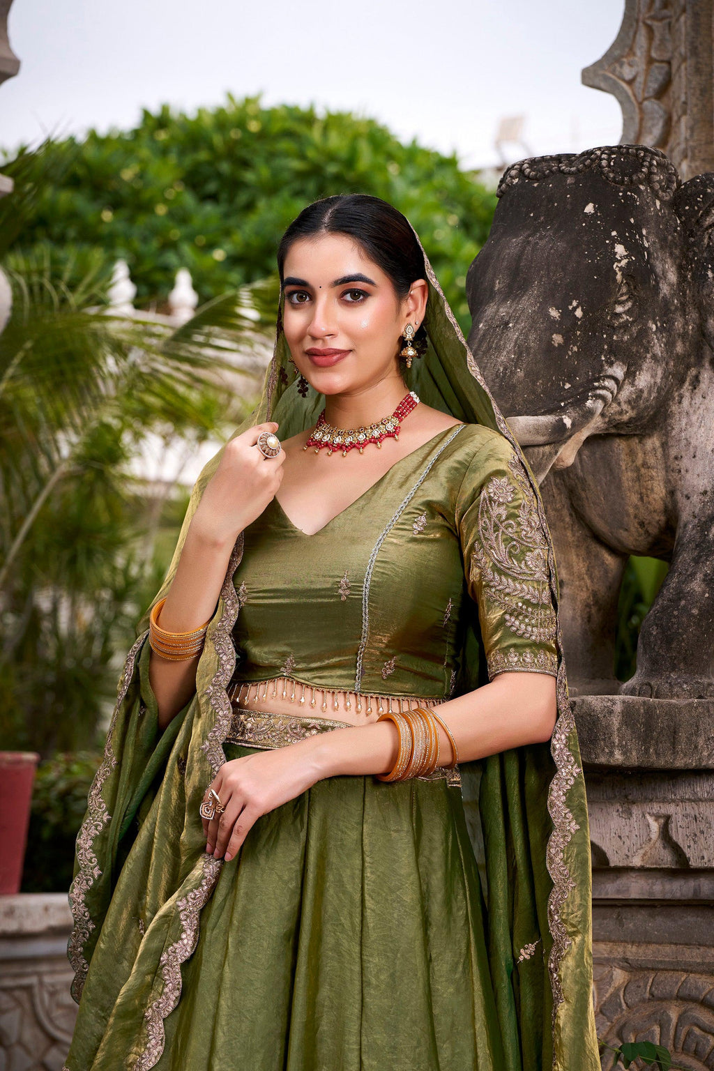 Lorenvalley Fashion Mahendi Fendi Silk Sequins and Thread Embroidery Work Belt Lehenga Choli with Dupatta - Distacart