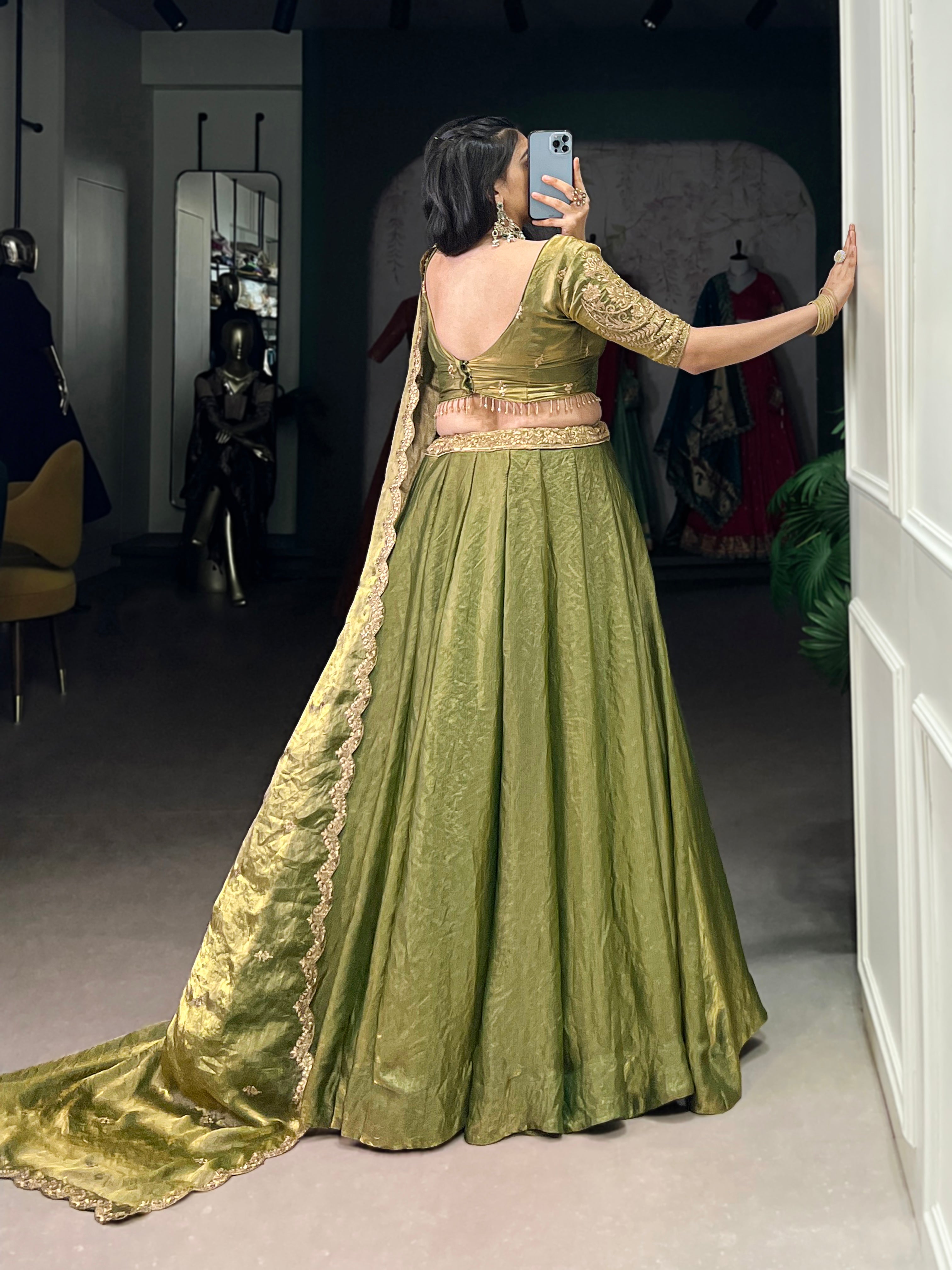 Lorenvalley Mahendi Fendi Silk Sequins and Thread Embroidery Work Belt Lehenga Choli with Dupatta