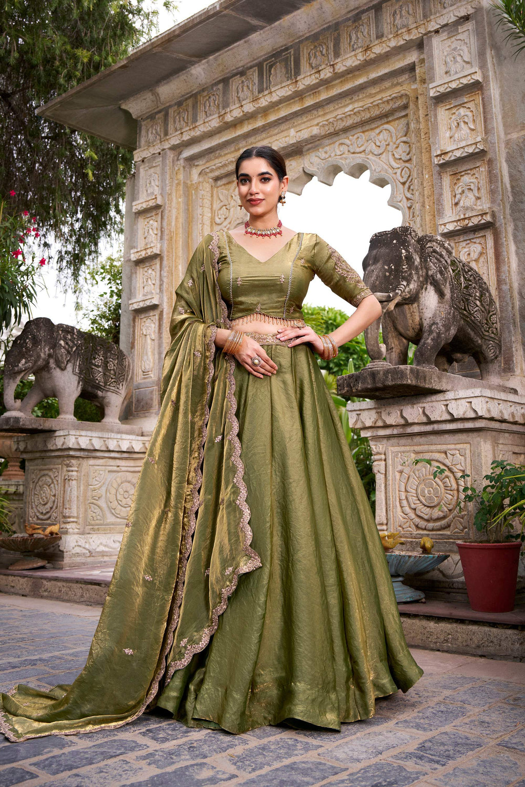 Lorenvalley Fashion Mahendi Fendi Silk Sequins and Thread Embroidery Work Belt Lehenga Choli with Dupatta - Distacart