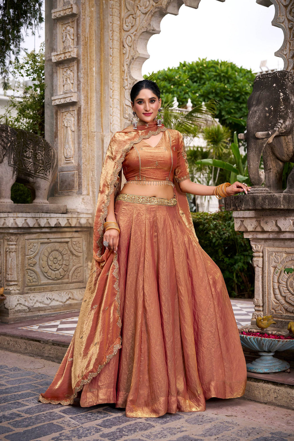 Lorenvalley Fashion Rosegold Fendi Silk Sequins and Thread Embroidery Work Belt Lehenga Choli with Dupatta - Distacart