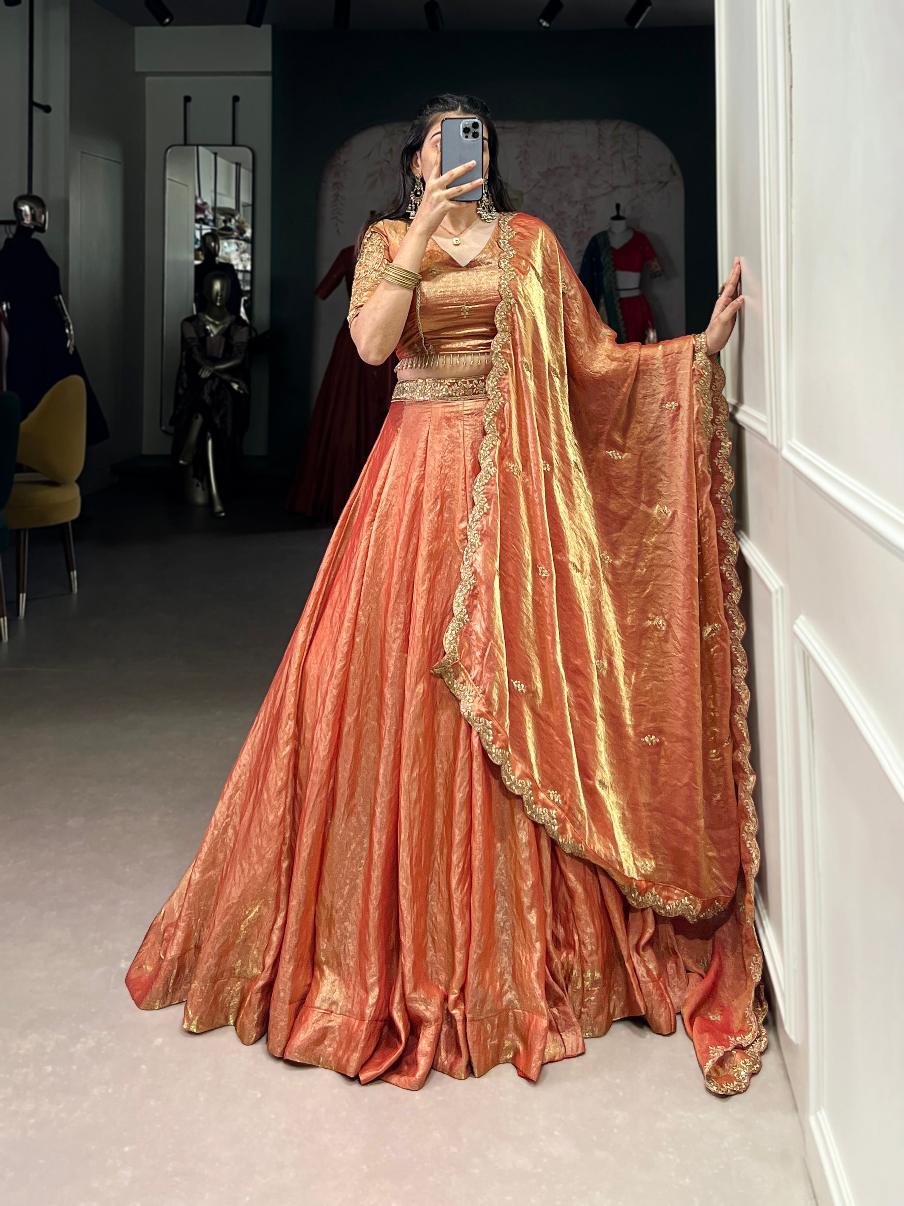 Lorenvalley Rosegold Fendi Silk Sequins and Thread Embroidery Work Belt Lehenga Choli with Dupatta