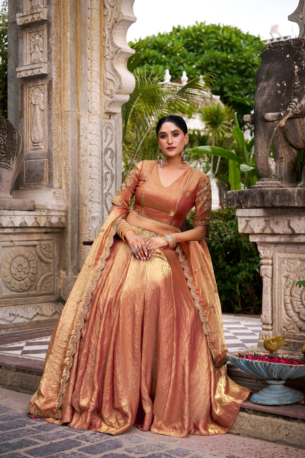 Lorenvalley Fashion Rosegold Fendi Silk Sequins and Thread Embroidery Work Belt Lehenga Choli with Dupatta - Distacart